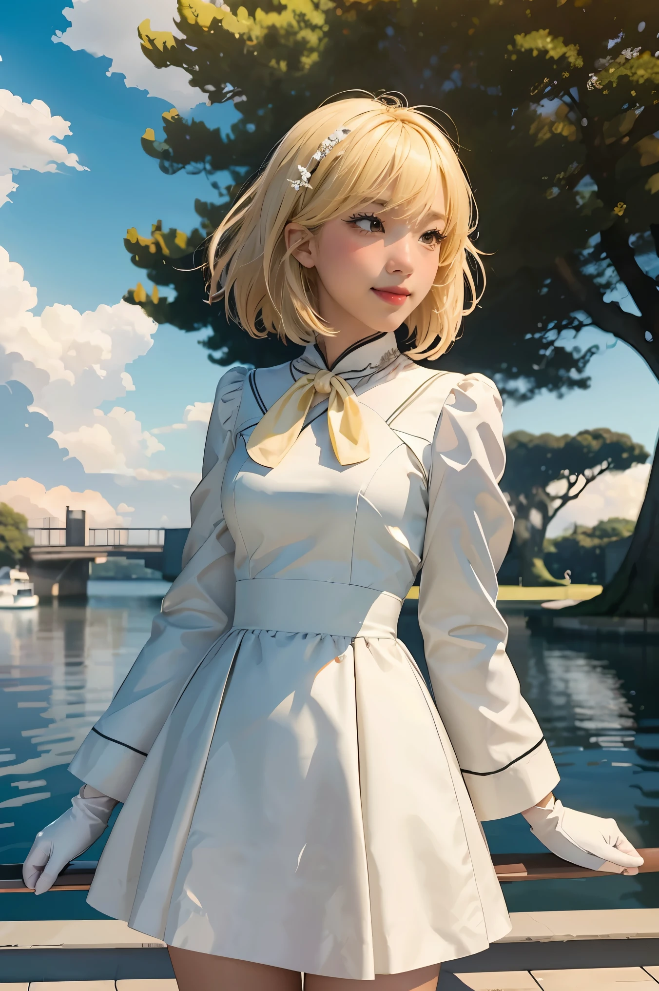 ((masterpiece,best quality)),1girl,solo, (((Chisato Nishikigi))), short hair, light yellow hair, solo, dress, detail eyes, looking at viewer, long sleeves, standing, white dress, gloves,hair ornament, black jacket, smile, floating hair, dutch angle, closed mouth, looking away, (center park),cloudy sky, blue sky, warm color,