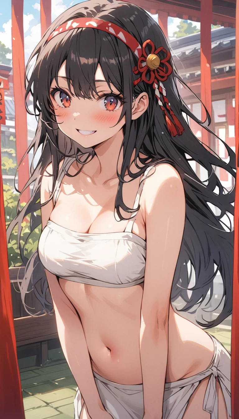 Beauty　Black Hair　smile　Embarrassed　blush　headband　tits　Dharma　White tube top bra　White short loincloth　belly button　pubic hair　Photograph the whole body　Japanese Festivals　fair