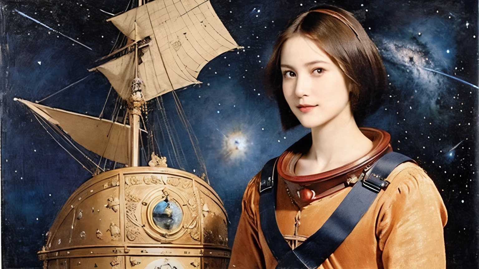 294 (20-year-old woman,short hair,20-year-old male), (A kind smile), ((Spaceship,captain)), (colorful), (Leonardo da Vinci paintings), flower, Space Suit, Pirate Ship, nebula, milky way