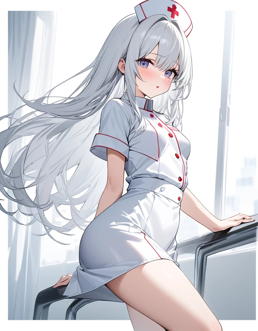 A beautiful woman. Vibrant yellow eyes. Long fluffy hair with bangs. White eyelashes. Smiling playfully. Long hair. One person. White hair. nurse, nurse cap, white wear, ((white legwear, zettai ryouiki)), white gloves, standing, ((hospital room)), sharp outline, short sleeves, best quality, masterpiece, c cup breast