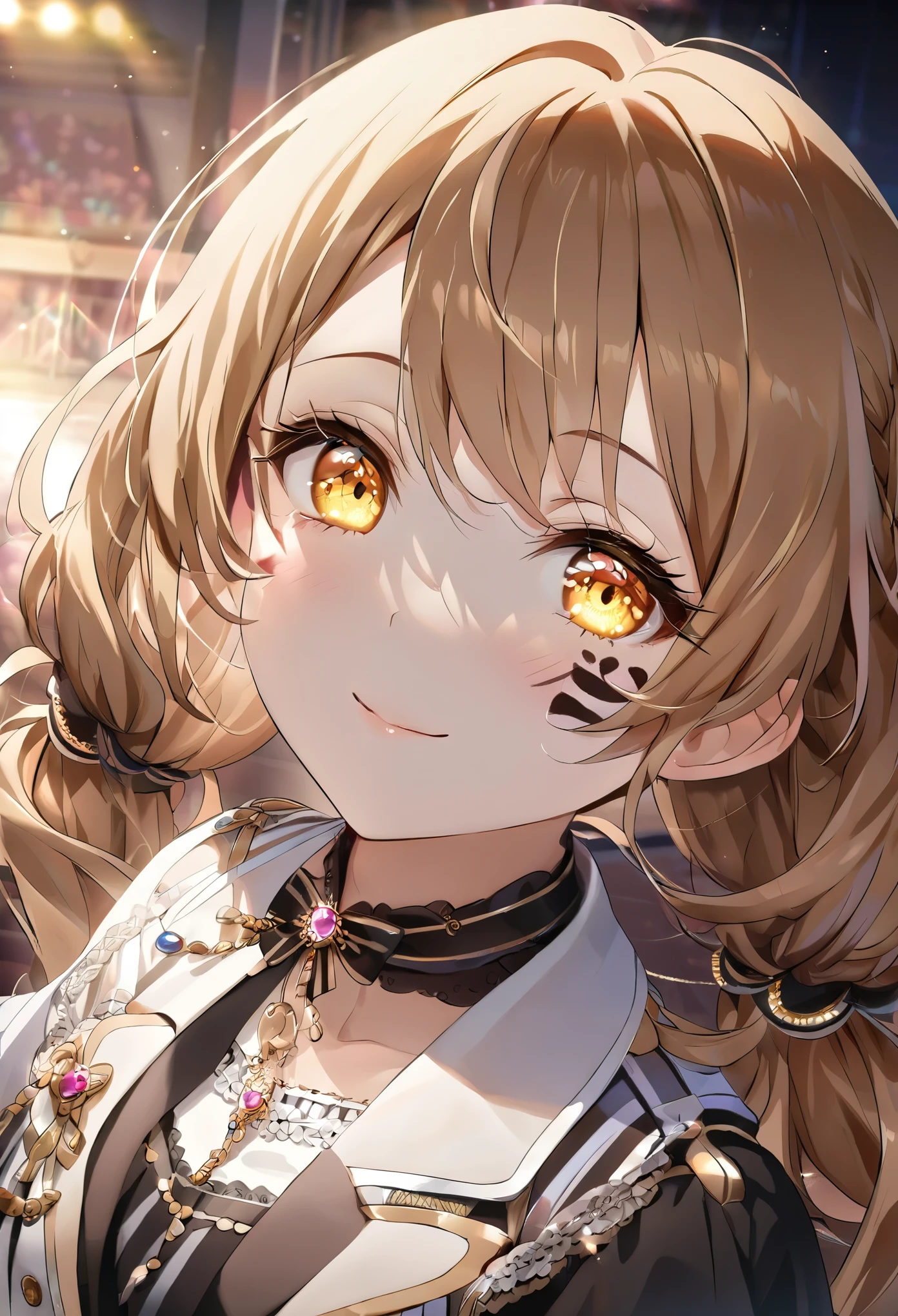 ((best quality)), ((masterpiece)), (detailed), perfect face, high detailed eyes, long eyelashes, light smile, ccurate, light brown hair, long twintails, jewelry, facepaint, atmospheric perspective, 8k, Idol singer, concert venue, spotlight, light beam, from above