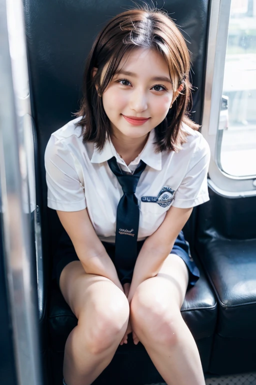 Best Quality, masterpiece, Ultra-high resolution, (reality: 1.4), Original photo, One Girl, Mature, White JK uniform, Happy smile, , Squatting on a train seat,  Cinema Lighting