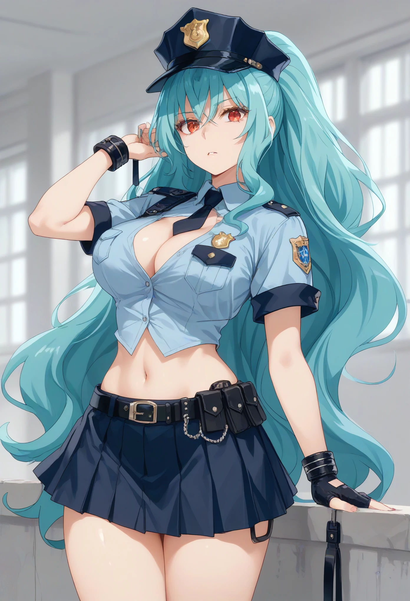 Expires in 13 Day(s)
long hair aqua hair ponytail red eyes,slit pupils,police,policewoman,police uniform,police hat,cuffs,holding cuffs
