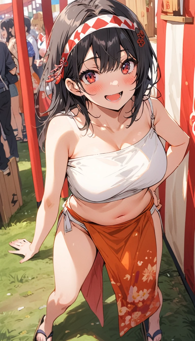 Beauty　Black Hair　smile　Embarrassed　blush　headband　tits　Dharma　White tube top bra　White short loincloth　belly button　pubic hair　geta　Photograph the whole body　Japanese Festivals　fair