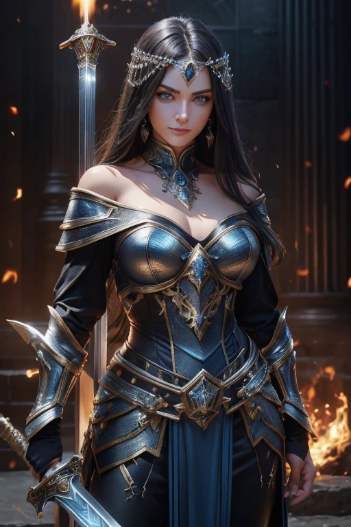 (RAW shooting:1.5, Photoreal:1.5, 8k, highest quality, masterpiece, ultra high resolution), roman europe, world of magic and swords, perfect dynamic composition:1.2, Mysterious:1.3, Highly detailed skin and facial textures:1.3, beauty and charisma slim female noble warrior, beautiful and aesthetic, beauty and charisma beauty, perfect style, wear elaborate rings, Sword Holding Pose, carry a large sword one on her back:1.3, fire, water, Wind, thunder, ice, Fair skin, very beautiful face, (Medium chest, Chest gap), (embarrassing smile, The expression on your face when you feel intense caress, Facial expression when feeling pleasure), ( black titanium metallic armor, off shoulder), (beautiful blue eyes, Eyes that feel beautiful 0.8), (Bewitching:0.9), full body shot, Ancient commander post in the background,8k