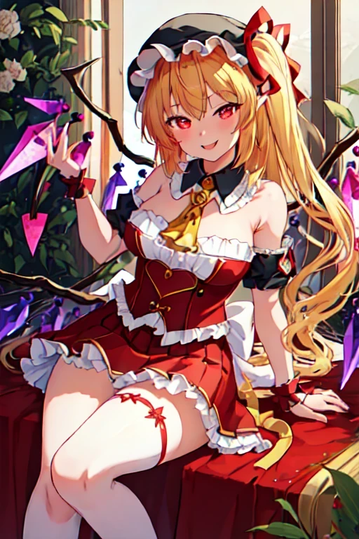 ((Best Quality)), ((masterpiece)), (detailed),Anime Style, One girl,Appearance at ,Larger than normal breasts, sexy,Flandre Scarlet,Angle from below the front,Looking this way,smile,Heart-shaped pupils,Red cheeks,Holding up her skirt with her hands,Accentuating the crotch and chest,Black socks,Thick thighs,Illustration from the knees up,god々Shii