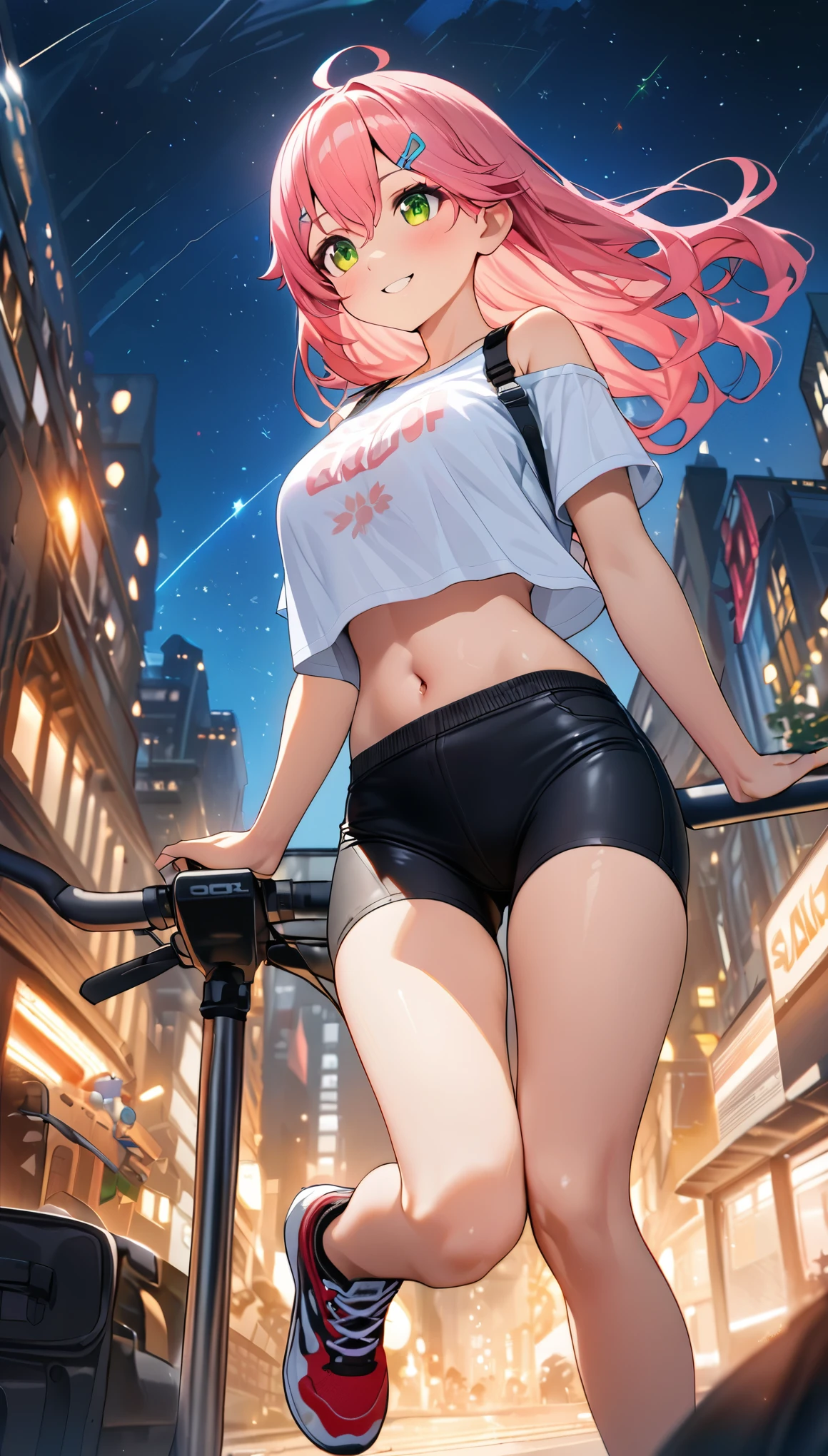 (8k、Best image quality、highest quality、masterpiece)、Detailed face、 1teen_girl、pink Hair、Long Hair、green_eyes、smile,(navel_peek)、(large_breasts),(White_short_T-shirt:1.5)、Off the shoulder、Black shoulder straps、(short_bike_shorts)、City Background, starry_sky_landscape ,sakura_miko,hololive,(covered_nipples:0.5),solo,stargaze,girl_looking_up_sky,sneaker,
