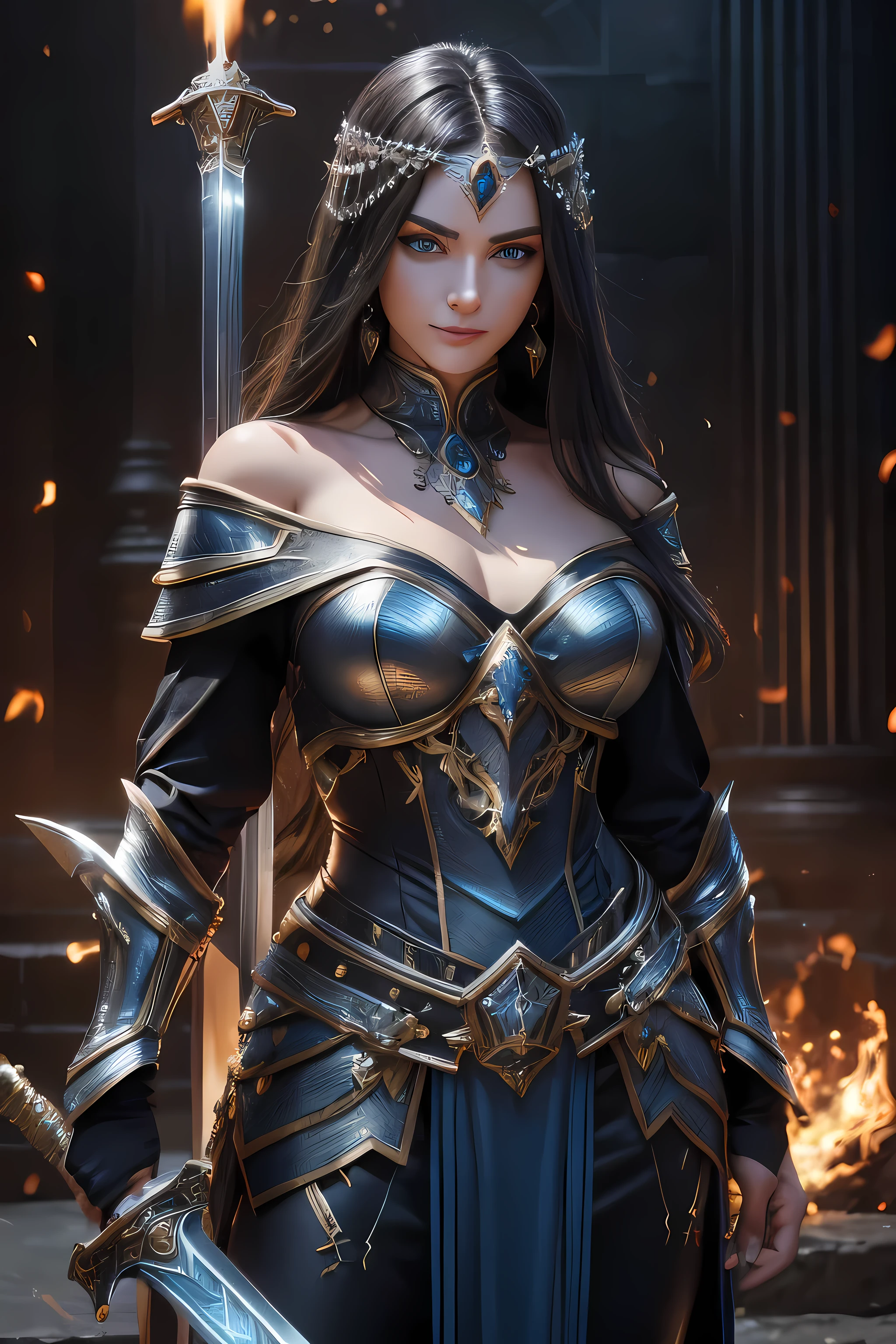 (RAW shooting:1.5, Photoreal:1.5, 8k, highest quality, masterpiece, ultra high resolution), roman europe, world of magic and swords, perfect dynamic composition:1.2, Mysterious:1.3, Highly detailed skin and facial textures:1.3, beauty and charisma slim female noble warrior, beautiful and aesthetic, beauty and charisma beauty, perfect style, wear elaborate rings, Sword Holding Pose, carry a large sword one on her back:1.3, fire, water, Wind, thunder, ice, Fair skin, very beautiful face, (Medium chest, Chest gap), (embarrassing smile, The expression on your face when you feel intense caress, Facial expression when feeling pleasure), ( black titanium metallic armor, off shoulder), (beautiful blue eyes, Eyes that feel beautiful 0.8), (Bewitching:0.9), full body shot, Ancient commander post in the background,8k