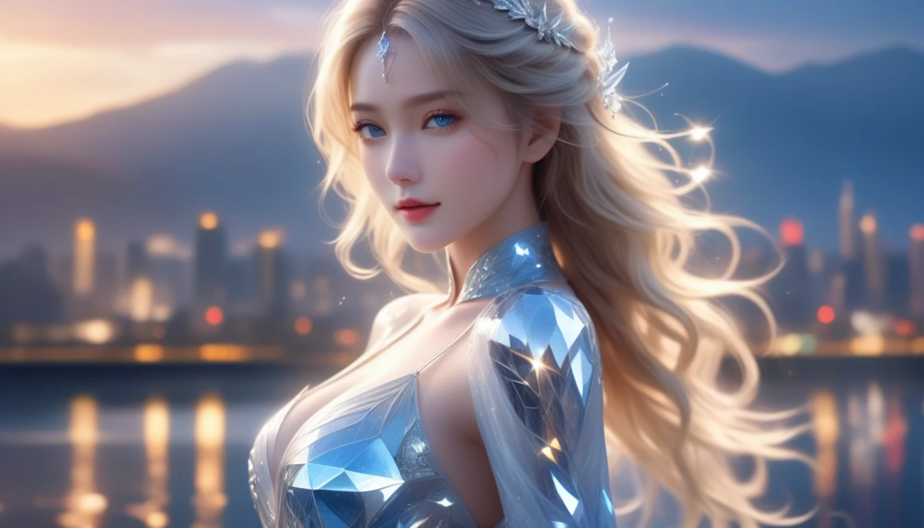 A Masterpiece In 32K Resolution, Supreme Quality, Super Detail, Official Art, Cinematic Lighting, Beautiful And Aesthetic, Very High-Resolution 32K Wallpaper.
A Girl With Crystal-Textured Skin, A Cold Look, And Smooth Movement, Adorned With An Attractive Pattern And Dressed Sensually To Highlight Her Ample Breasts. (Golden Hour Glow) (City Skyline in Background), Smooth and Luminous Skin, Cold yet Enchanting Look, Ash Blonde Hair, Slightly Tousled and Long, Ice Blue Eyes, Composed Stance, Ethereal and Dreamlike, Gentle Rain, ((Shimmering Eye of Beauty)), Highly Detailed, Golden Cinematic Lighting, ((Delicate Smile)), Soft Rippling Water Surface, (Upper Body), Super Detailed, Incredibly Detailed, (A Majestic and Graceful Presence), Sparkling Eyes, Facing Viewer, Mysterious and Cool, Front View.