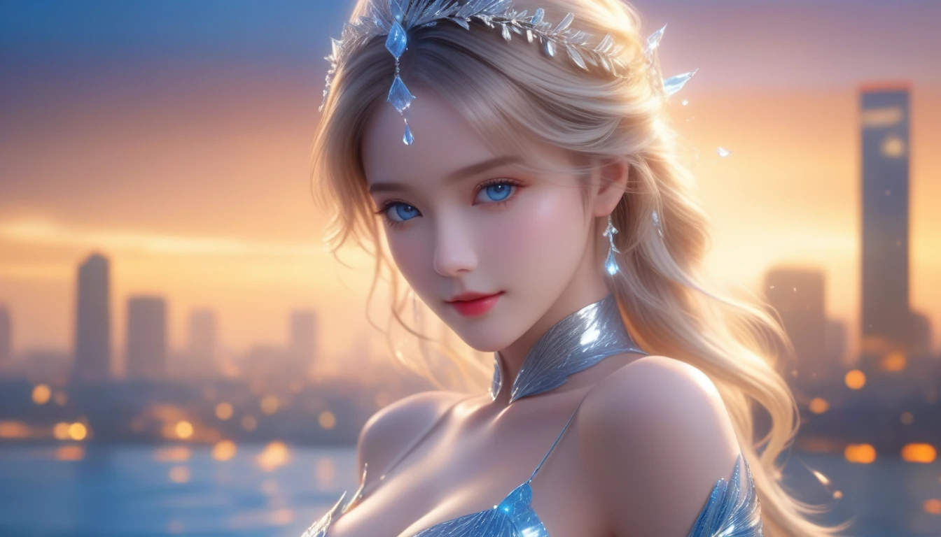 A Masterpiece In 32K Resolution, Supreme Quality, Super Detail, Official Art, Cinematic Lighting, Beautiful And Aesthetic, Very High-Resolution 32K Wallpaper.
A Girl With Crystal-Textured Skin, A Cold Look, And Smooth Movement, Adorned With An Attractive Pattern And Dressed Sensually To Highlight Her Ample Breasts. (Golden Hour Glow) (City Skyline in Background), Smooth and Luminous Skin, Cold yet Enchanting Look, Ash Blonde Hair, Slightly Tousled and Long, Ice Blue Eyes, Composed Stance, Ethereal and Dreamlike, Gentle Rain, ((Shimmering Eye of Beauty)), Highly Detailed, Golden Cinematic Lighting, ((Delicate Smile)), Soft Rippling Water Surface, (Upper Body), Super Detailed, Incredibly Detailed, (A Majestic and Graceful Presence), Sparkling Eyes, Facing Viewer, Mysterious and Cool, Front View.