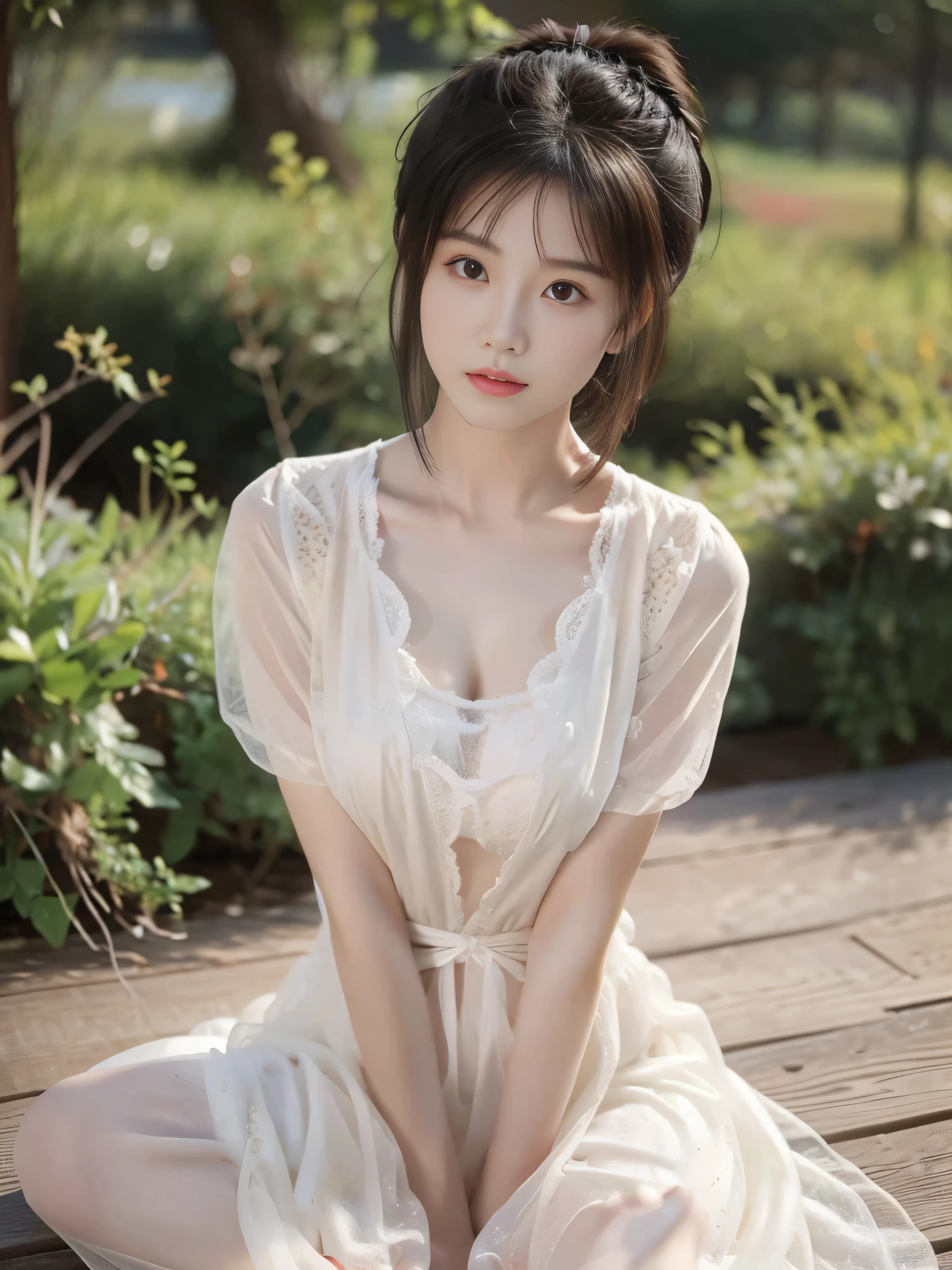 A beautiful Chinese girl，Short to medium length hair，Sitting on the ground，Upper Body，Very full breasts，Full figure，Protruding chest，Very thin waist,Full buttocks