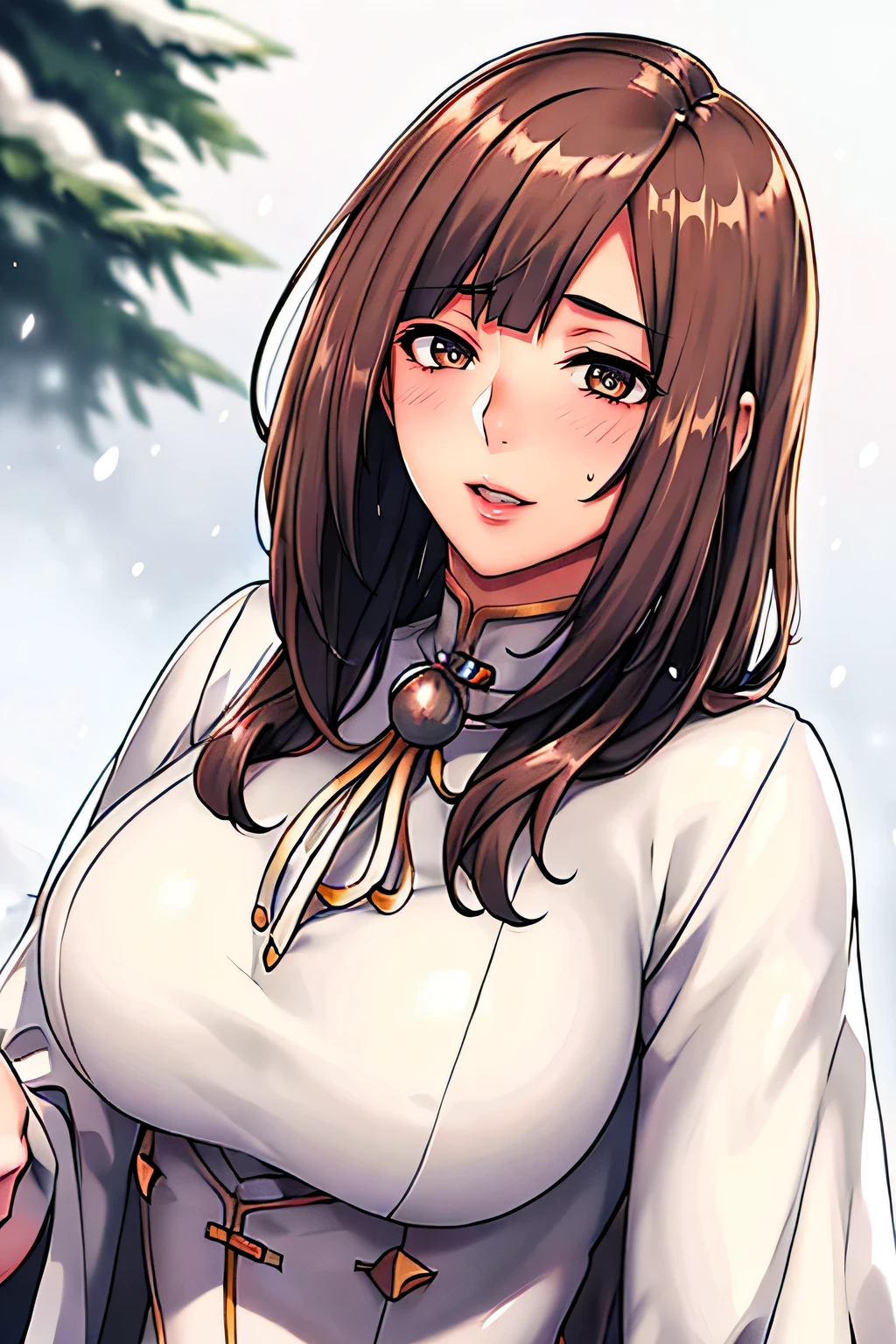 1womanl, up of face, light brown hair, Blunt bangs, hair behind ear, hair over shoulder, Long hair, slender body shape, Ultra Fine Face, Thin face, Delicate lips, Beautiful eyes, thin blush, eyes are light brown,View here, Ultra-thin hands, Ultra-fine fingers, best ratio four finger and one thumb, (realisitic:1.3), White cloak coat. muffler,gloves、Coniferous forest with heavy snowfall, It's snowing.One-person viewpoint, Fuji Film, 8K, masutepiece, nffsw, Super Detail, High quality, Best Quality, hight resolution,
