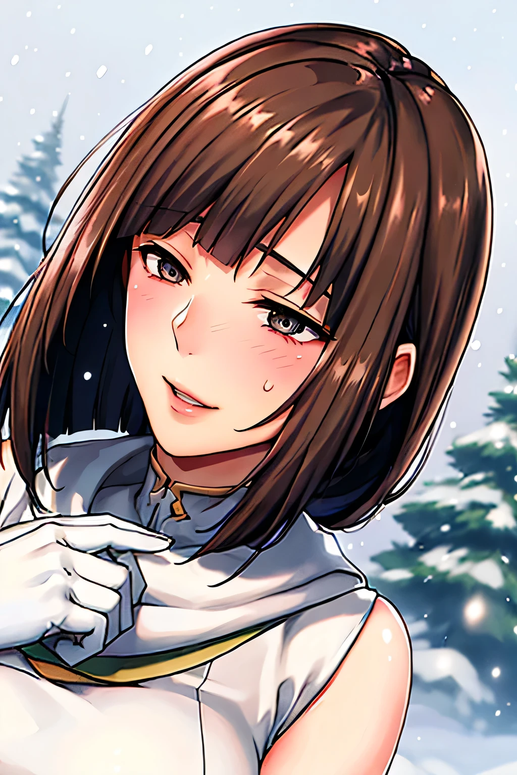 1womanl, up of face, light brown hair, Blunt bangs, hair behind ear, hair over shoulder, Long hair, slender body shape, Ultra Fine Face, Thin face, Delicate lips, Beautiful eyes, thin blush, eyes are light brown,View here, Ultra-thin hands, Ultra-fine fingers, best ratio four finger and one thumb, (realisitic:1.3), White cloak coat. muffler,gloves、Coniferous forest with heavy snowfall, It's snowing.One-person viewpoint, Fuji Film, 8K, masutepiece, nffsw, Super Detail, High quality, Best Quality, hight resolution,