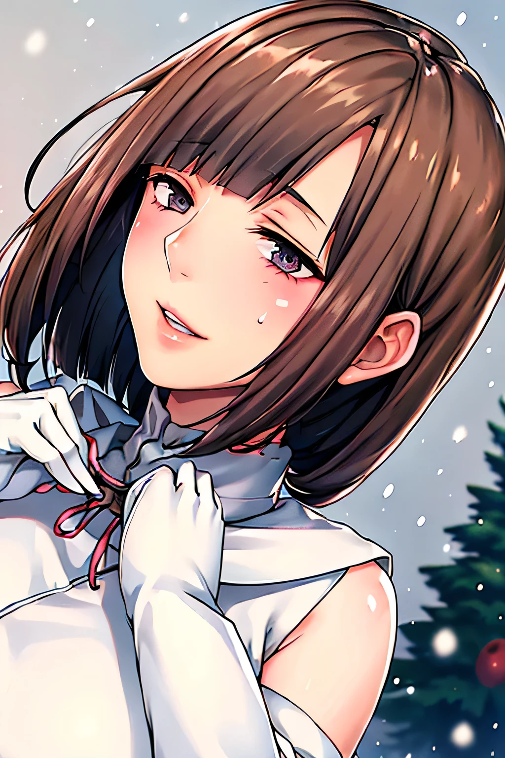 1womanl, up of face, light brown hair, Blunt bangs, hair behind ear, hair over shoulder, Long hair, slender body shape, Ultra Fine Face, Thin face, Delicate lips, Beautiful eyes, thin blush, eyes are light brown,View here, Ultra-thin hands, Ultra-fine fingers, best ratio four finger and one thumb, (realisitic:1.3), White cloak coat. muffler,gloves、Coniferous forest with heavy snowfall, It's snowing.One-person viewpoint, Fuji Film, 8K, masutepiece, nffsw, Super Detail, High quality, Best Quality, hight resolution,