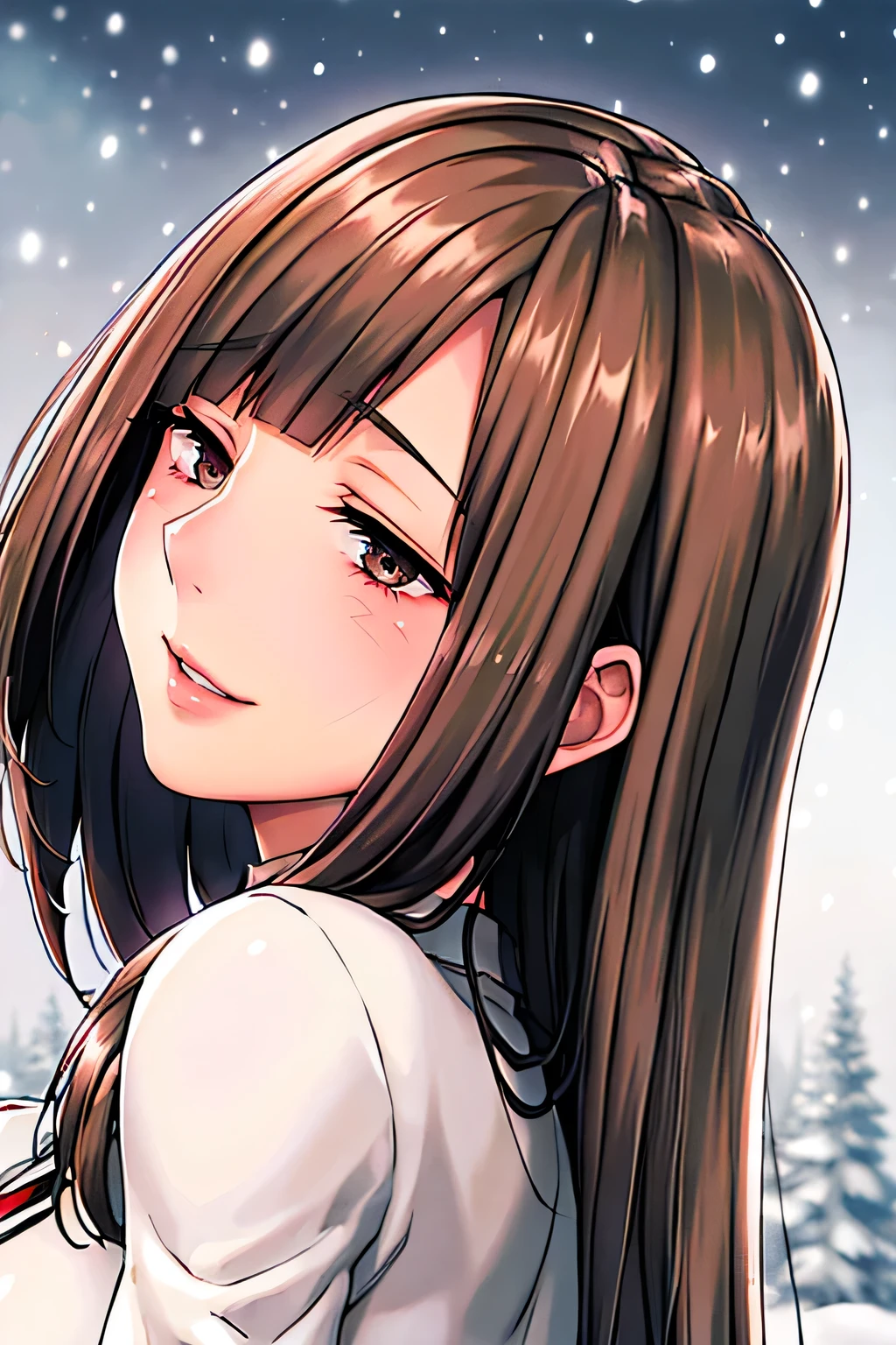 1womanl, up of face, light brown hair, Blunt bangs, hair behind ear, hair over shoulder, Long hair, slender body shape, Ultra Fine Face, Thin face, Delicate lips, Beautiful eyes, thin blush, eyes are light brown,View here, Ultra-thin hands, Ultra-fine fingers, best ratio four finger and one thumb, (realisitic:1.3), White cloak coat. muffler,gloves、Coniferous forest with heavy snowfall, It's snowing.One-person viewpoint, Fuji Film, 8K, masutepiece, nffsw, Super Detail, High quality, Best Quality, hight resolution,