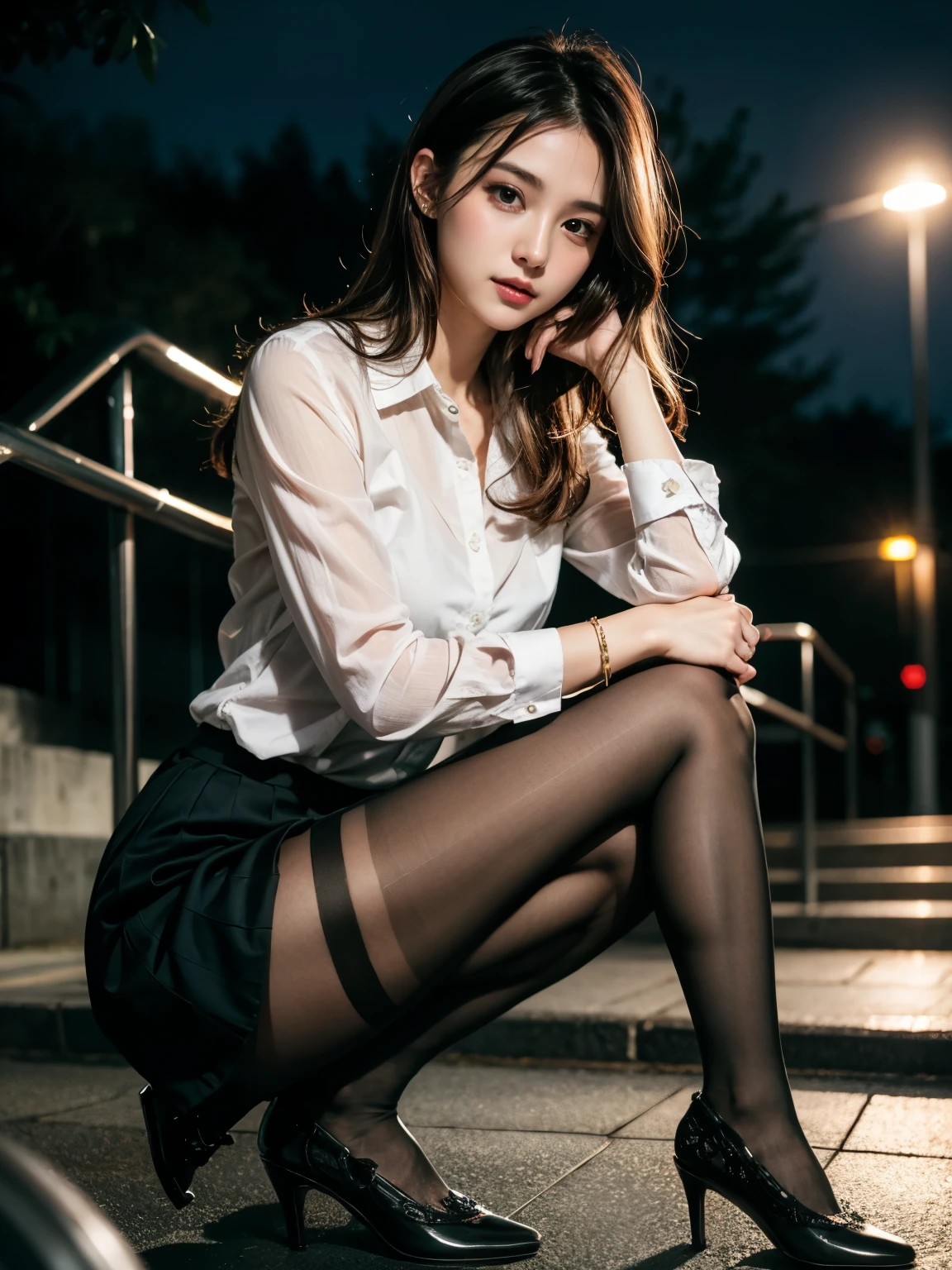 8K RAW Photos、High resolution、One daughter、Layered Hair、Formal Shirt、Formal Skirt、smile、Long eyelashes、Beautiful double eyelids、Eyeshadow、(super Realistic pantyhose:1.3)、short hair、Night in front of the station、Stairs at night、Squat、Please sit down、Luxury High Heels、(Intricate details:1.4),(Realistic:1.4),Octane Rendering, 複雑な 3D レンダリングのSuper detailed, Soft studio light, Rim Light, Crisp details, Super detailed, Realistic skin texture, Surface Details, A beautiful eye for every detail, High-definition CG Unity 8k wallpaper, Compensate, (Detailed Background:1.2),