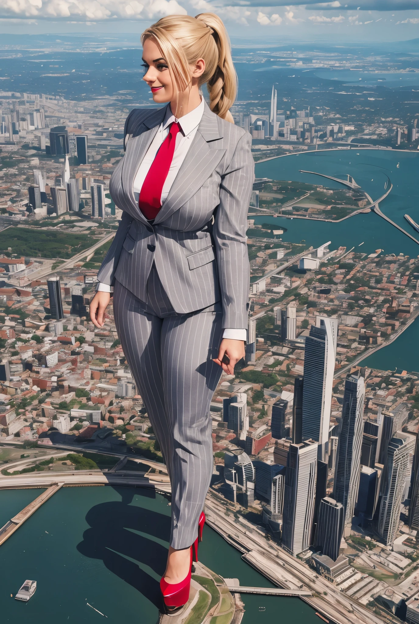Giantess art, giga giantess in distance walking on through city, multiple women with beautiful curves, massive thighs, blonde hair in a fishtail braid, lipstick, wearing a perfect form-fitting loght grey pinstripe trouser suit and blazer, crisp white shirt, and a large blade width Windsor knot red tie, with massive breasts. She is wearing platform high heels and standing on a miniature city, with skyscrapers at her feet, smiling with her huge breasts. This image is highly detailed, photorealistic, best quality, a masterpiece, with cinematic lighting, ultra-detailed, featuring black patent Louboutin pumps, long ponytail hair with front bangs, high altitude photography, satellite view, a curvy figure, heaving bosom, legs, a mega city, urban sprawl, small towns, destruction, buildings, roads, a cloudy, overcast, hazy atmosphere, and wispy clouds.
