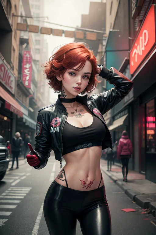 woman, curly red pixie cut hair, green eyes, wearing crop top black shirt, long black jacket, red plaid skirt, (black knee high boots), black fingerless gloves, exposed shoulders, large breasts, thick thighs, freckles, cleavage, abs, looking at viewer, masterpiece, best quality, in the city