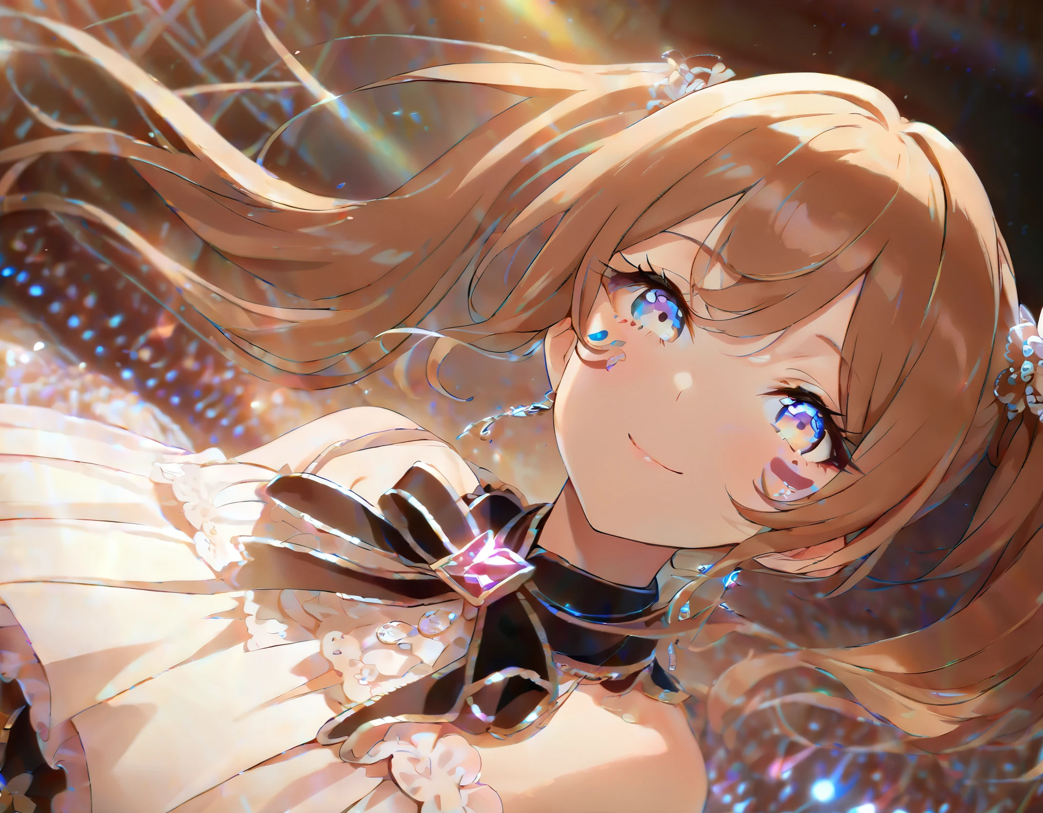 ((best quality)), ((masterpiece)), (detailed), perfect face, high detailed eyes, long eyelashes, light smile, ccurate, light brown hair, long twintails, jewelry, facepaint, atmospheric perspective, 8k, Idol singer, concert venue, spotlight, light beam, from above