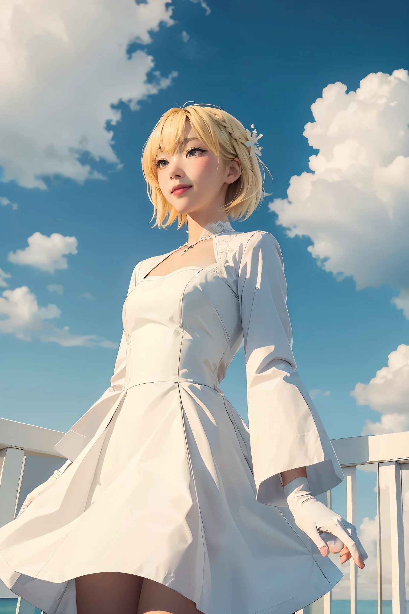 ((masterpiece,best quality)),1girl,solo, (((Chisato Nishikigi))), short hair, light yellow hair, solo, dress, detail eyes, looking at viewer, long sleeves, standing, white dress, gloves,hair ornament, black jacket, smile, floating hair, dutch angle, closed mouth, looking away, (center park),cloudy sky, blue sky, warm color,