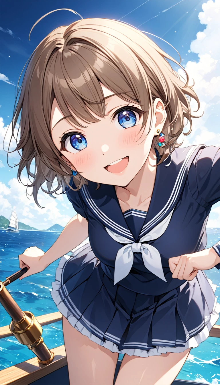 1 Girl, Girl、Diagonal orientation、Brown Hair、Short Hair、Blue Eyes、Put one foot on the gunwale of a sailboat、holding a small pirate telescope、Pointing forward、Sailor suit at sea、anime、Illustration, Full HD, 8k, Absurd, masterpiece, Best Quality, Super detailed, beautiful, Exquisite, Delighted, Bright smile, Look away, Earrings, Knee socks,  cute, beautiful, In a bright and colorful world, anime, cell anime, 2d anime, strict, Soft Surface, Close-up, Half-body photo, Front View, Golden Ratio, stage lights perfect hand style, ,Watanabe You, blue eyes, Brown Hair, short hair, bangs,