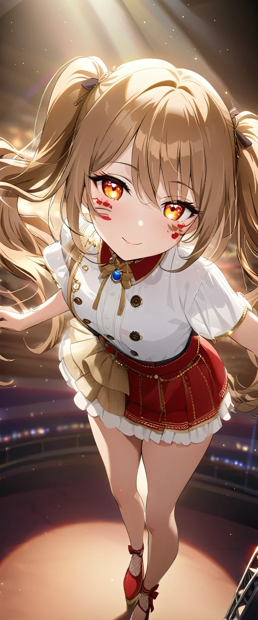 ((best quality)), ((masterpiece)), (detailed), perfect face, high detailed eyes, long eyelashes, light smile, ccurate, light brown hair, long twintails, jewelry, facepaint, atmospheric perspective, 8k, Idol singer, concert venue, spotlight, light beam, from above, whole body, Red High Heels, mini skirt