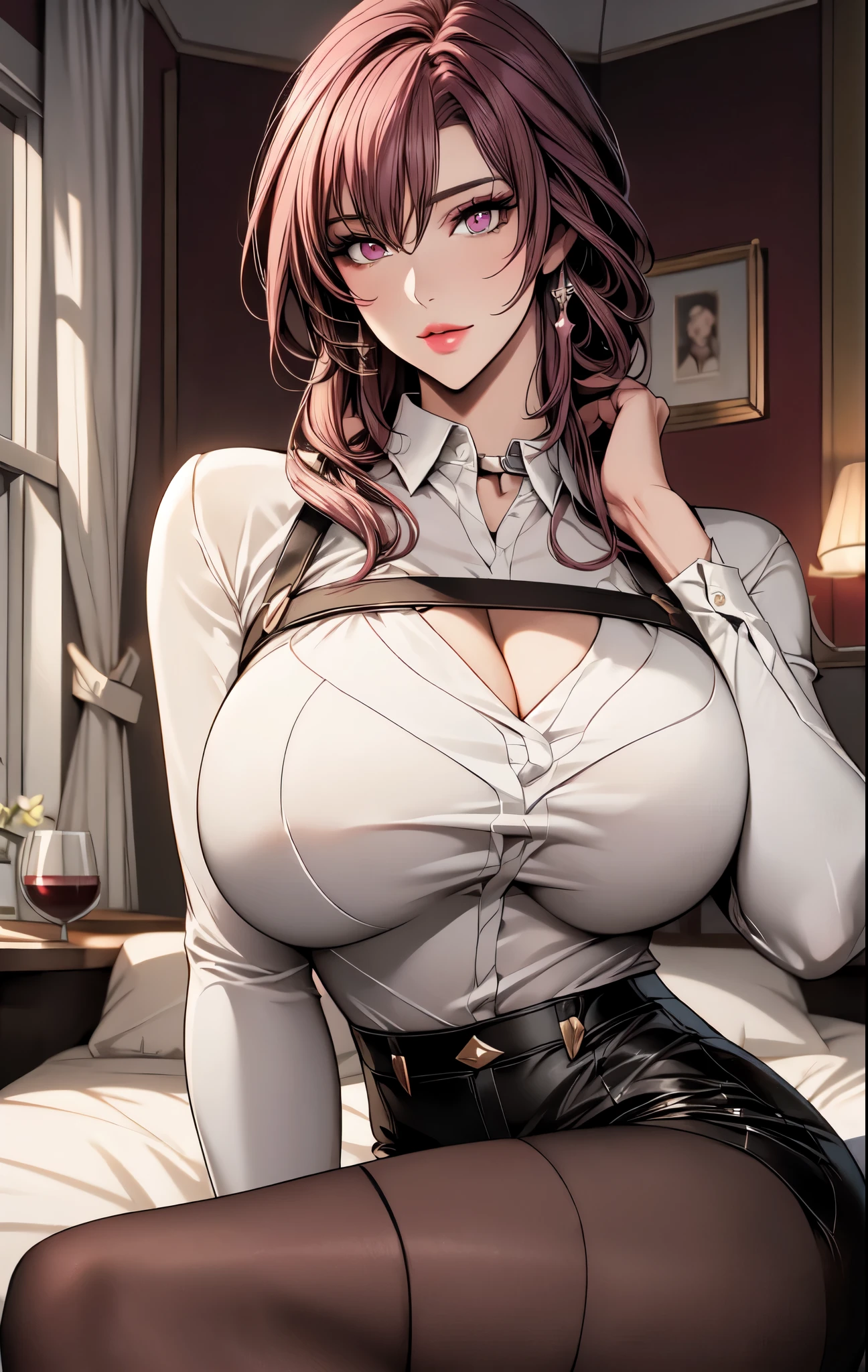 Head-to-knee Illustration, 1women, looking at camera, seductive smile, (sexy pose), (Milf), (detailed mature face), 30yo, BREAK, makeup, mature body, tall women, ((wine colored hair)), ((hair between eyes)), ((detailed eyes:1.2)), beautiful lips, ((massively huge breasts:1.3)), ((deep cleavage, nipples)), ((wide hips, sexy thighs)), naughty face, expressive, BREAK, ((star-kafka, white shirt, collared shirt, long sleeves, white sleeves, shorts, pantyhose)), BREAK, CG art, anime, ((best quality)), masterpiece, highly detailed, 8K resolution, beautiful CG, ultra detailed CG, HDR, complex design, indoor, bedroom, depth of field, voluminous, sharp focus, vibrant colors, natural lighting, soft shadows, proportional body, mixed media