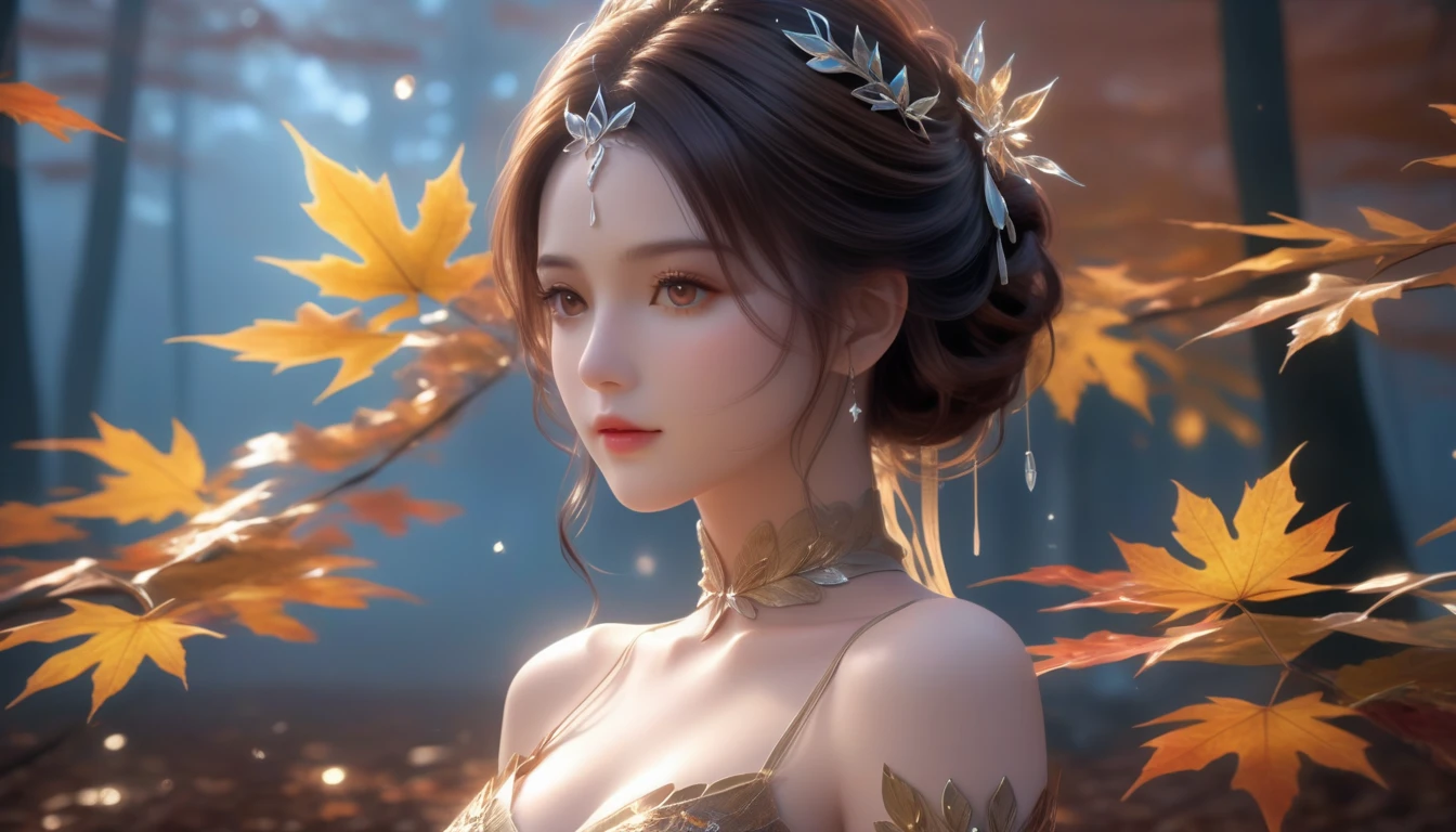 A Masterpiece In 32K Resolution, Supreme Quality, Super Detail, Official Art, Cinematic Lighting, Beautiful And Aesthetic, Very High-Resolution 32K Wallpaper.
A Girl With Crystal-Textured Skin, A Cold Look, And Smooth Movement, Adorned With An Attractive Pattern And Dressed Sensually To Highlight Her Ample Breasts. (Autumn Leaves Falling) (Misty Forest in Background), Velvet Soft Skin, Warm and Thoughtful Look, Dark Brown Hair, Tied in a Low Bun, Golden Brown Eyes, Casual and Poised, Harmoniously Beautiful, Calm Brook, ((Radiant Eye of Elegance)), Finely Detailed, Soft Natural Lighting, ((Gentle Expression)), Still Water Surface, (Original Portraits), Super Detailed, Incredibly Detailed, (An Earthy and Natural Beauty), Expressive Eyes, Whole Body, Slightly Tilted Head, Enigmatic, Full Body, Front View.