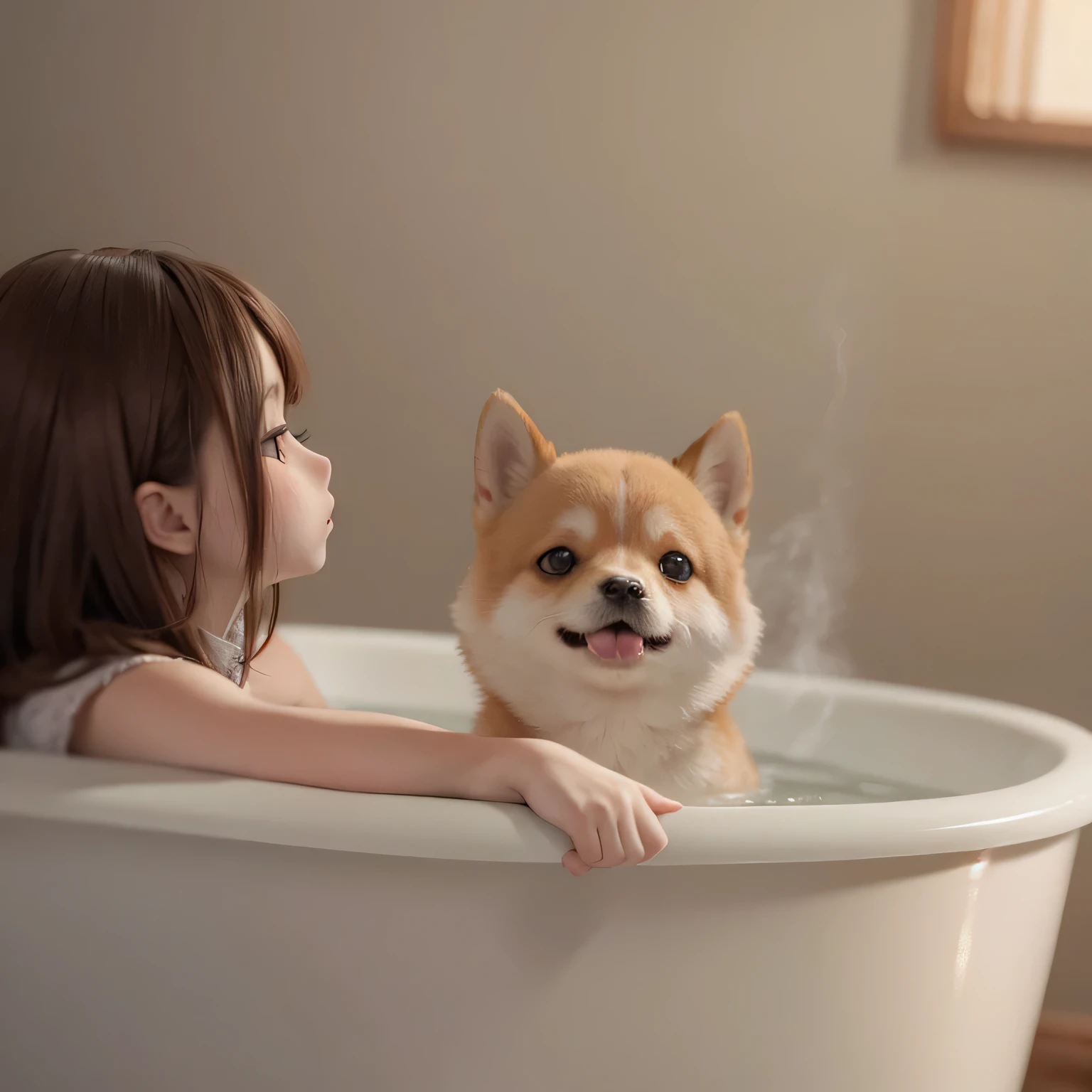 Pink bathroom,1girl, naked towel,Soap bubble, Lying in the bathtub, holding dog,peaceful, relaxing,  <lora:girl:1>,Wet and messy hair, (petals on liquid:1.1),steam, full body,