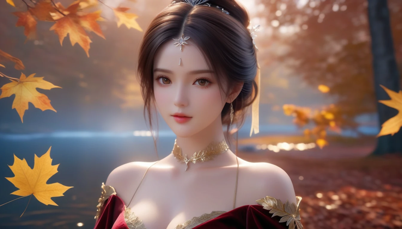 A Masterpiece In 32K Resolution, Supreme Quality, Super Detail, Official Art, Cinematic Lighting, Beautiful And Aesthetic, Very High-Resolution 32K Wallpaper.
A Girl With Crystal-Textured Skin, A Cold Look, And Smooth Movement, Adorned With An Attractive Pattern And Dressed Sensually To Highlight Her Ample Breasts. (Autumn Leaves Falling) (Misty Forest in Background), Velvet Soft Skin, Warm and Thoughtful Look, Dark Brown Hair, Tied in a Low Bun, Golden Brown Eyes, Casual and Poised, Harmoniously Beautiful, Calm Brook, ((Radiant Eye of Elegance)), Finely Detailed, Soft Natural Lighting, ((Gentle Expression)), Still Water Surface, (Original Portraits), Super Detailed, Incredibly Detailed, (An Earthy and Natural Beauty), Expressive Eyes, Whole Body, Slightly Tilted Head, Enigmatic, Full Body, Front View.