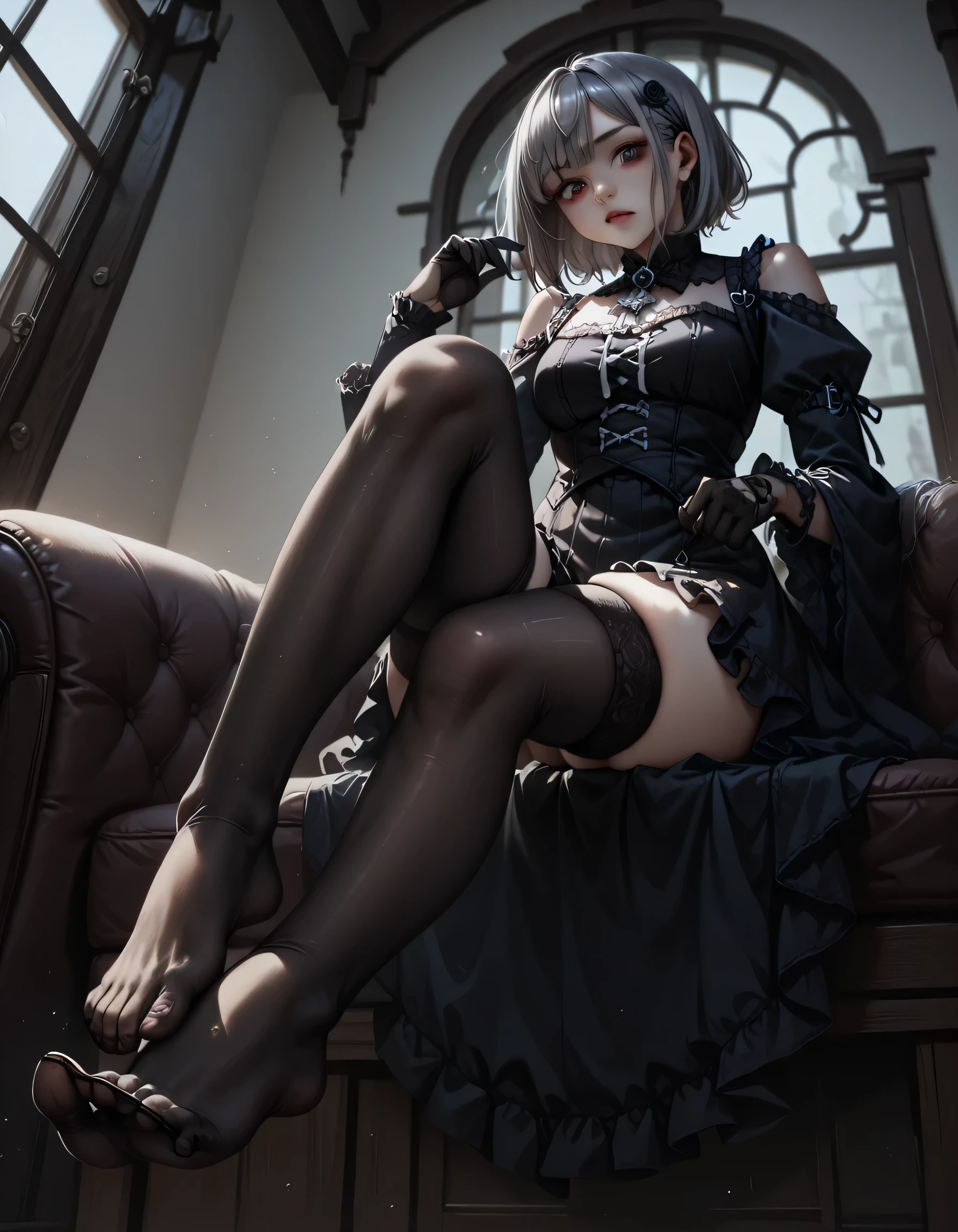 1 girl、Gray Hair、Ranko Kanzaki、shoulder、Gothic、Black gloves、Sitting、Two feet、Feet Focus、Black thigh-high stockings、feet、Feet back、From below、