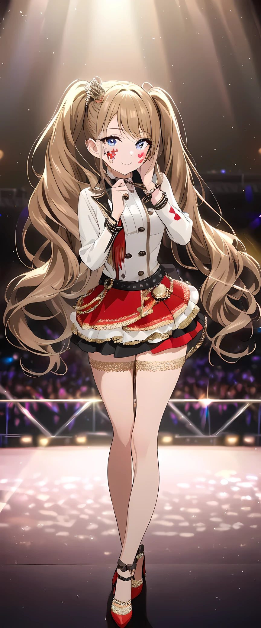 ((best quality)), ((masterpiece)), (detailed), perfect face, high detailed eyes, long eyelashes, light smile, ccurate, light brown hair, long twintails, jewelry, facepaint, atmospheric perspective, 8k, Idol singer, concert venue, spotlight, light beam, whole body, Red High Heels, mini skirt