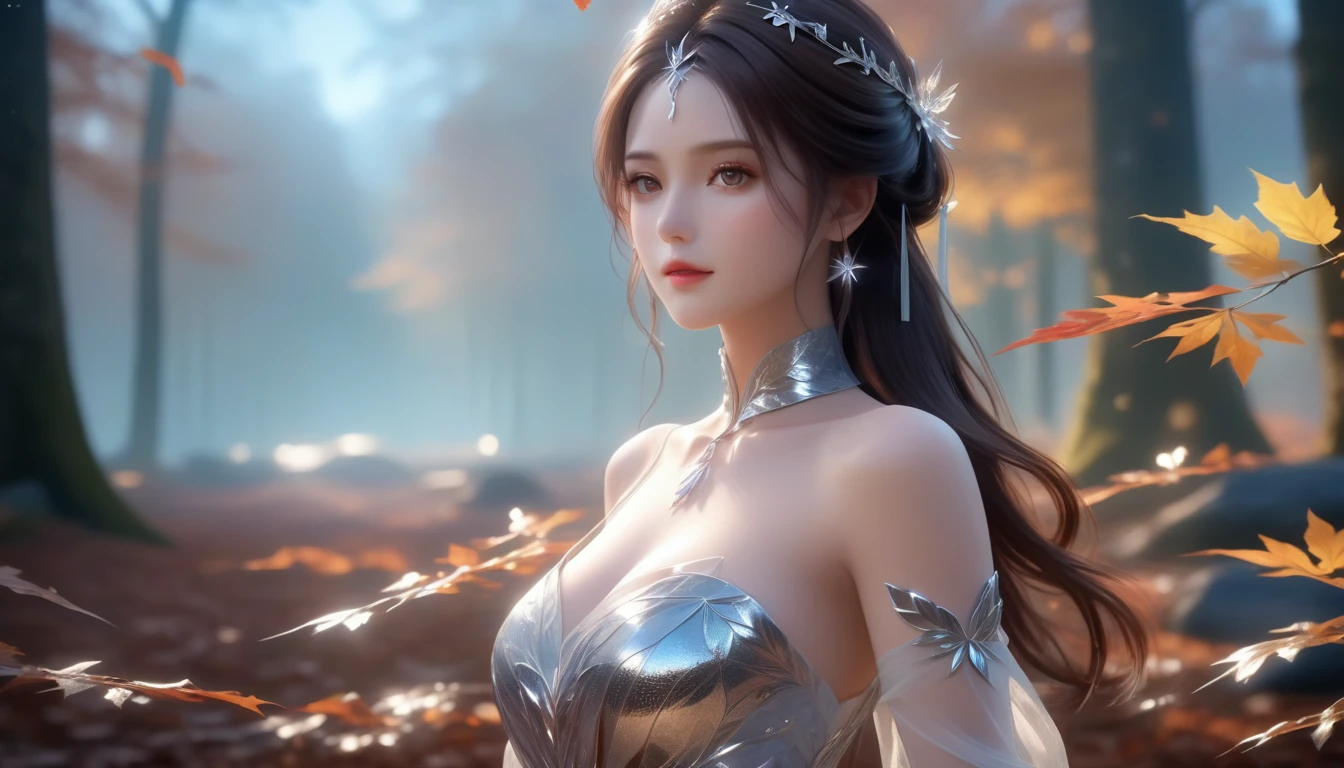 A Masterpiece In 32K Resolution, Supreme Quality, Super Detail, Official Art, Cinematic Lighting, Beautiful And Aesthetic, Very High-Resolution 32K Wallpaper.
A Girl With Crystal-Textured Skin, A Cold Look, And Smooth Movement, Adorned With An Attractive Pattern And Dressed Sensually To Highlight Her Ample Breasts. (Autumn Leaves Falling) (Misty Forest in Background), Velvet Soft Skin, Warm and Thoughtful Look, Dark Brown Hair, Tied in a Low Bun, Golden Brown Eyes, Casual and Poised, Harmoniously Beautiful, Calm Brook, ((Radiant Eye of Elegance)), Finely Detailed, Soft Natural Lighting, ((Gentle Expression)), Still Water Surface, (Original Portraits), Super Detailed, Incredibly Detailed, (An Earthy and Natural Beauty), Expressive Eyes, Whole Body, Slightly Tilted Head, Enigmatic, Full Body, Front View.