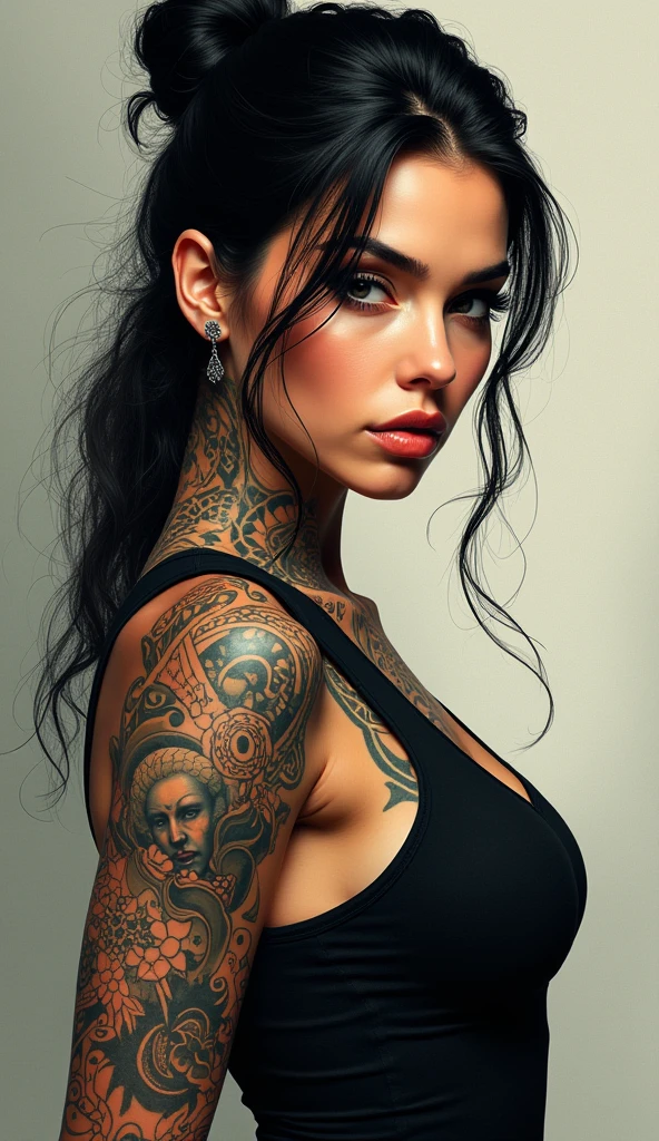 beautiful Brazilian girl in her 20s, dynamic images, ultra-realistic, best quality, highly detailed, tattoos, dramatic lighting from below