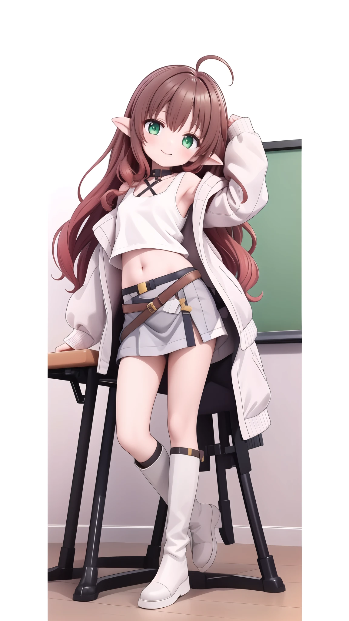 ((masterpiece)),(best quality),official art,extremely detailed CG,unity 8k wallpaper,ultra detailed,1girl,Alone,upper body,(portrait:1.2),long_hair,pointy_ears,ahoge,green_eyes,white_footwear,navel,skirt,shoes,smile,red_hair,midriff,white_jacket,off_shoulder,looking_at_viewer,long_sleeves,tank_top,grey_socks,brown_hair,sleeves_past_wrists,open_clothes,bangs,shirt,classroom，White sweatshirt，White pantyhose，black leather boots