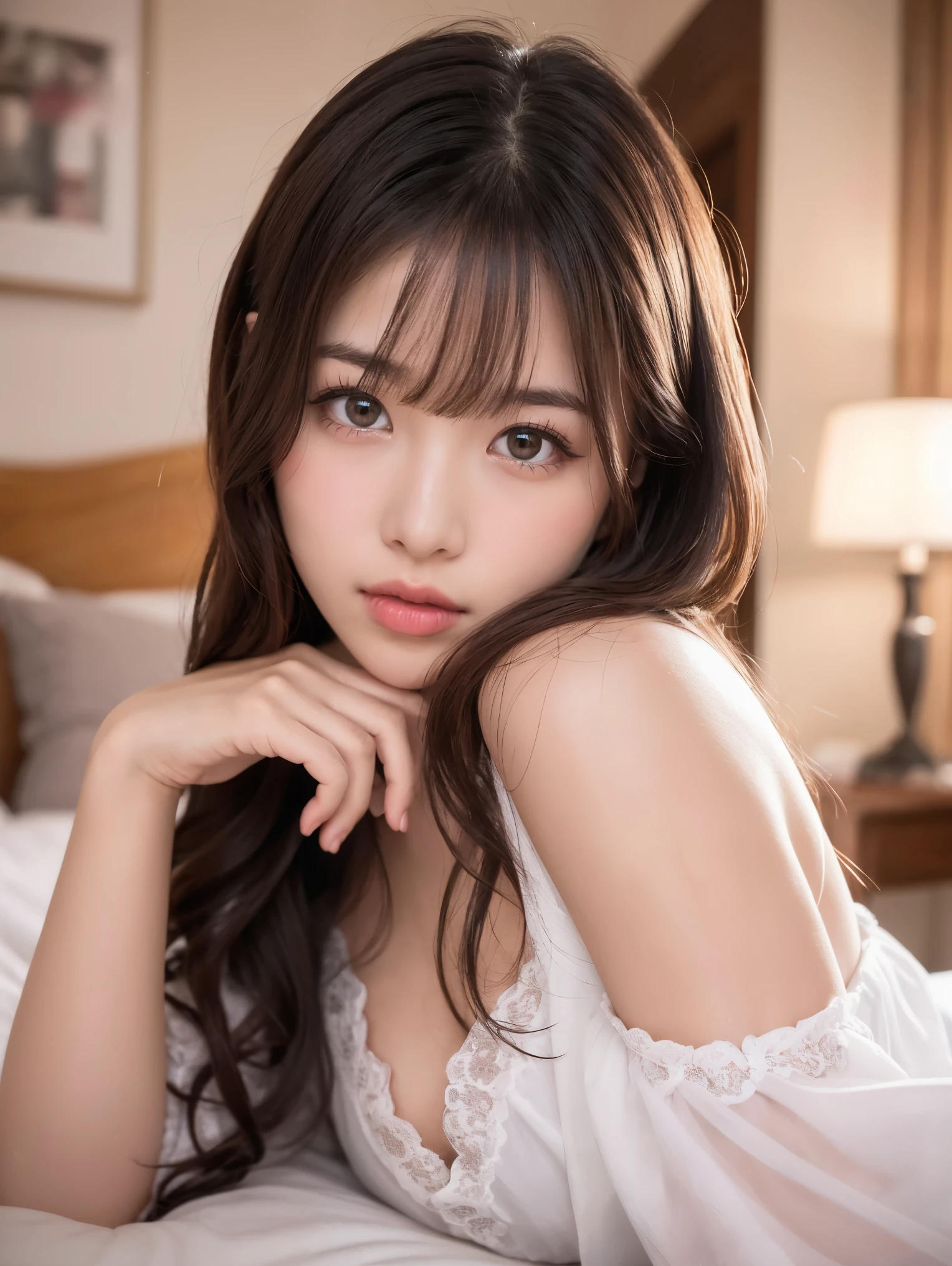 ((Best quality, 8k, Masterpiece: 1.3, raw photo)), Sharp focus: 1.2, (1 AESPA girl: 1.1), (realistic, photo-realistic:1.37), face focus, cute face, (lying in bed: 1.1), white pajama, small breasts, flat chest, brunette short messy hair, bedroom, morning, sunlight, cinematic lighting