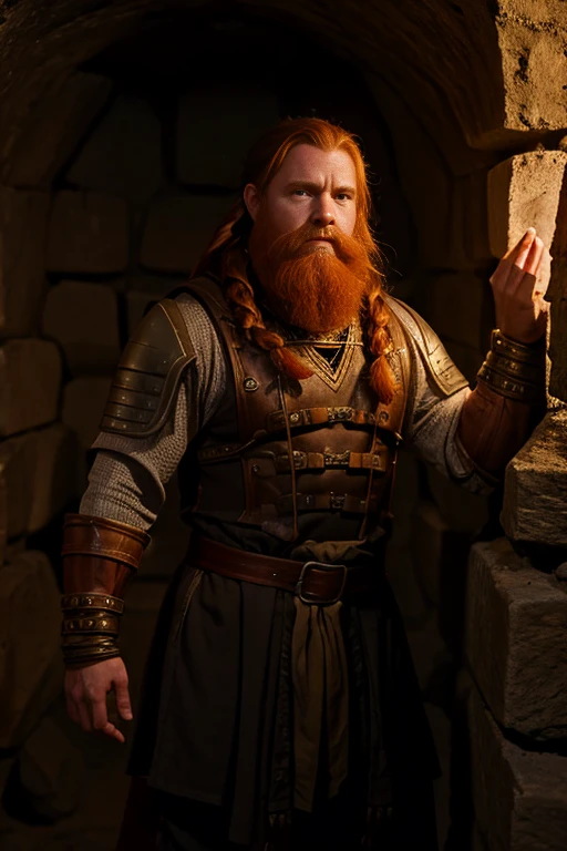 Ginger dwarven adventurer, in a undeground cavern, dramatic lighting, breastplate,  long braided hair, strong muscled arms, leaning against wall