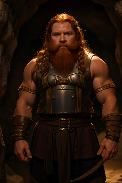 Ginger dwarven adventurer, in a undeground cavern, dramatic lighting, breastplate,  long braided hair, strong muscled arms, leaning against wall