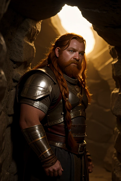 Ginger dwarven adventurer, in a undeground cavern, dramatic lighting, breastplate,  long braided hair, strong muscled arms, leaning against wall