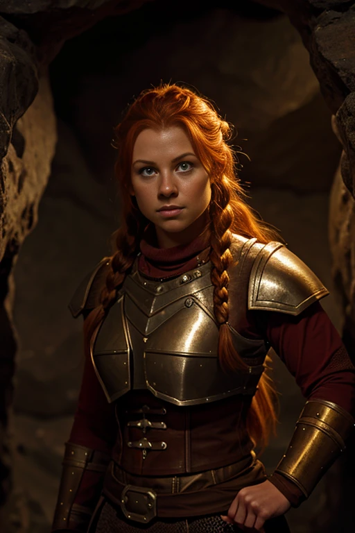 Ginger female dwarven adventurer, in a undeground cavern, dramatic lighting, breastplate,  long braided hair, strong muscled arms, leaning against wall