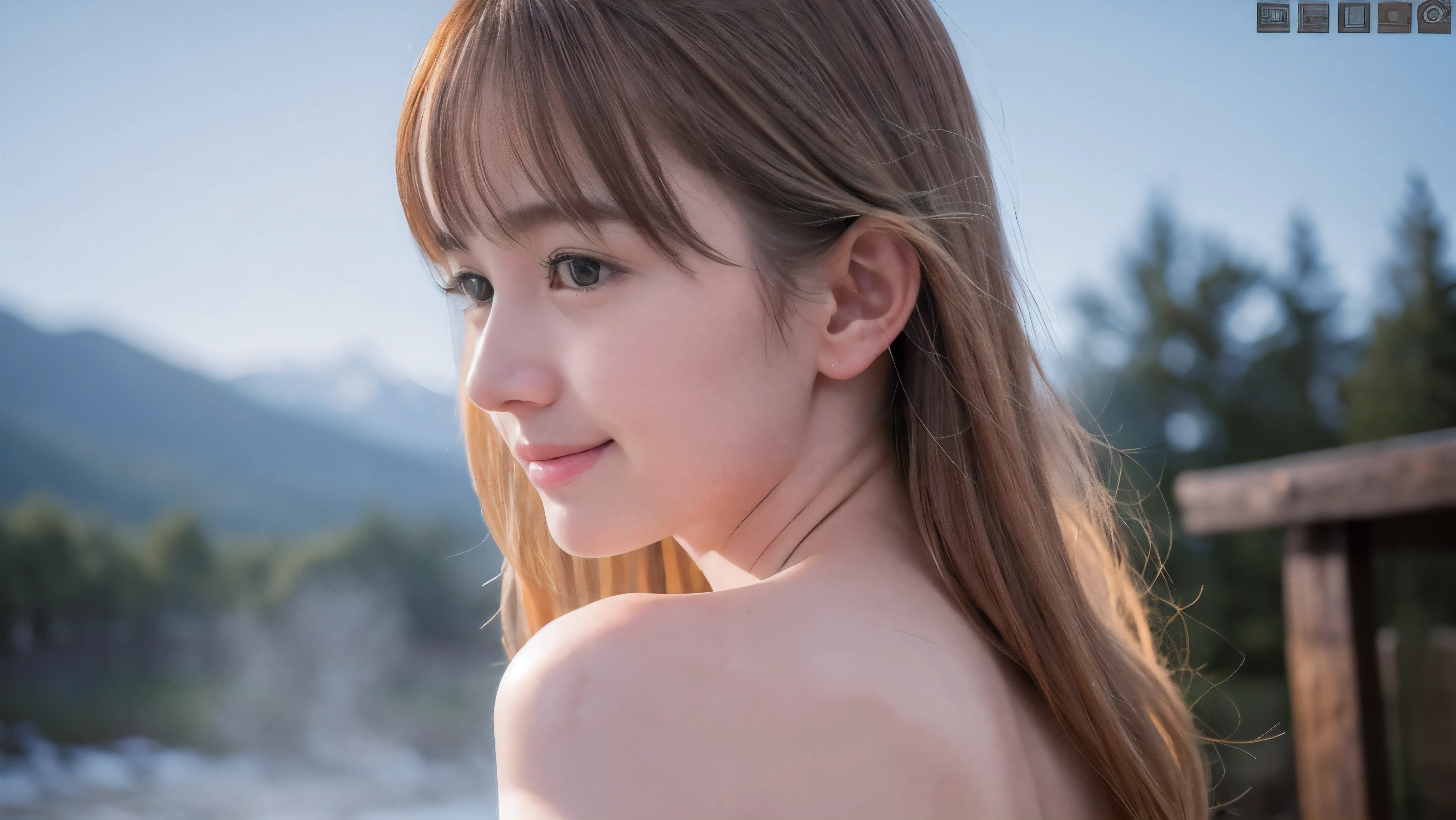 (Profile shot of a naked slender small chest half up blonde long hair with bangs girl:1.5)、(Naked blonde hair girl is soaking in a deep steam mist Japanese onsen outdoors with a shy smile:1.5)、(Outdoor Japanese onsen with snow landscape:1.5)、(blurred background:1.5)、(Natural light:1.5)、(8k ultra detailed master piece:1.5)、(perfect anatomy:1.5)、(Photorealistic stick:1.5)、(Raw photo:1.3)、(highest quality:1.5)、(High resolution:1.3)、(Delicate and beautiful perfect face:1.3)、(Delicate and beautiful eye air skin:1.3)、(Real Human Skin:1.3)、((thin legs))