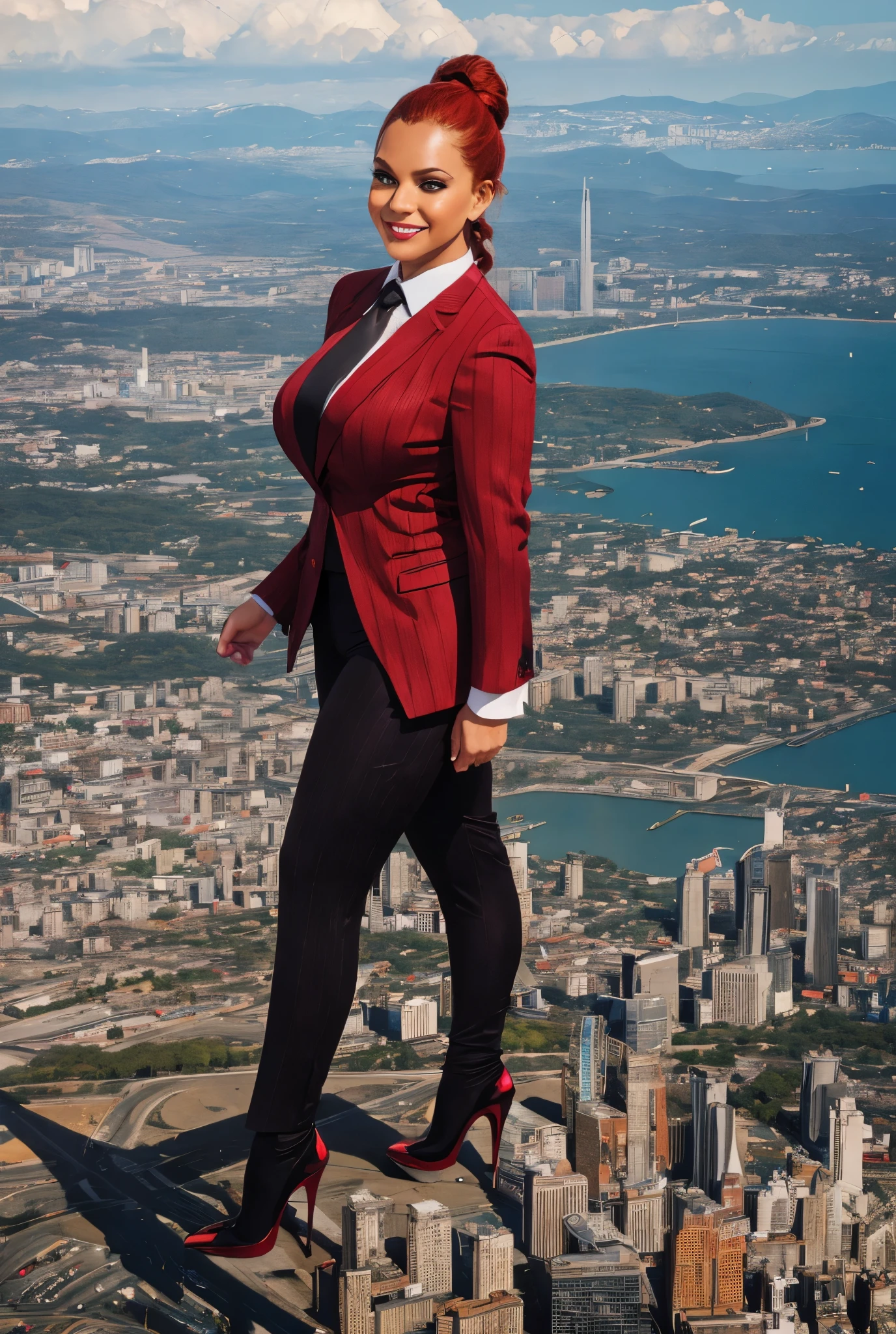 Giantess art, giga giantess in distance walking on through city, multiple women with beautiful curves, massive thighs, ginger hair in a fishtail braid, lipstick, wearing a perfect form-fitting red pinstripe trouser suit and blazer, crisp white shirt, and a large blade width Windsor knot black paisley tie, with massive breasts. She is wearing black platform high heels and standing on a miniature city, with skyscrapers at her feet, smiling with her huge breasts. This image is highly detailed, photorealistic, best quality, a masterpiece, with cinematic lighting, ultra-detailed, featuring black patent Louboutin pumps, long ponytail hair with front bangs, high altitude photography, satellite view, a curvy figure, heaving bosom, legs, a mega city, urban sprawl, small towns, destruction, buildings, roads, a cloudy, overcast, hazy atmosphere, and wispy clouds.