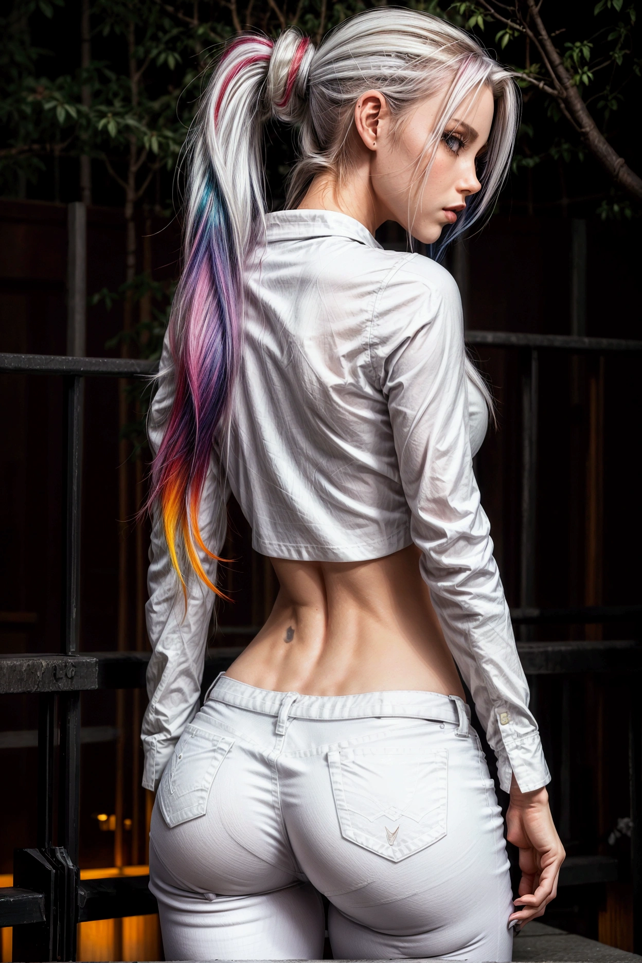 girl, sexy pose, white jeans, Long ponytail, multicolored hair, hips, legs, thin narrow waist, tight white shirt, tatooes, night time, night tokio background, night lights, back view