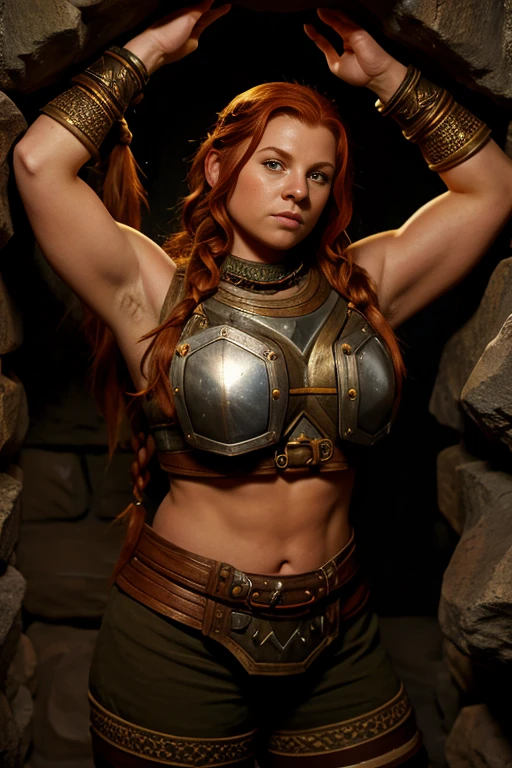 Ginger female dwarven adventurer, stocky, in a undeground cavern, dramatic lighting, breastplate,  long braided hair, strong muscled arms, leaning against wall, busty