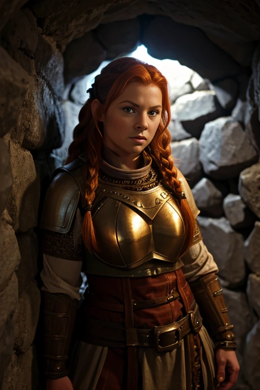 Ginger female dwarven adventurer, stocky, in a undeground cavern, dramatic lighting, breastplate,  long braided hair, strong muscled arms, leaning against wall, busty