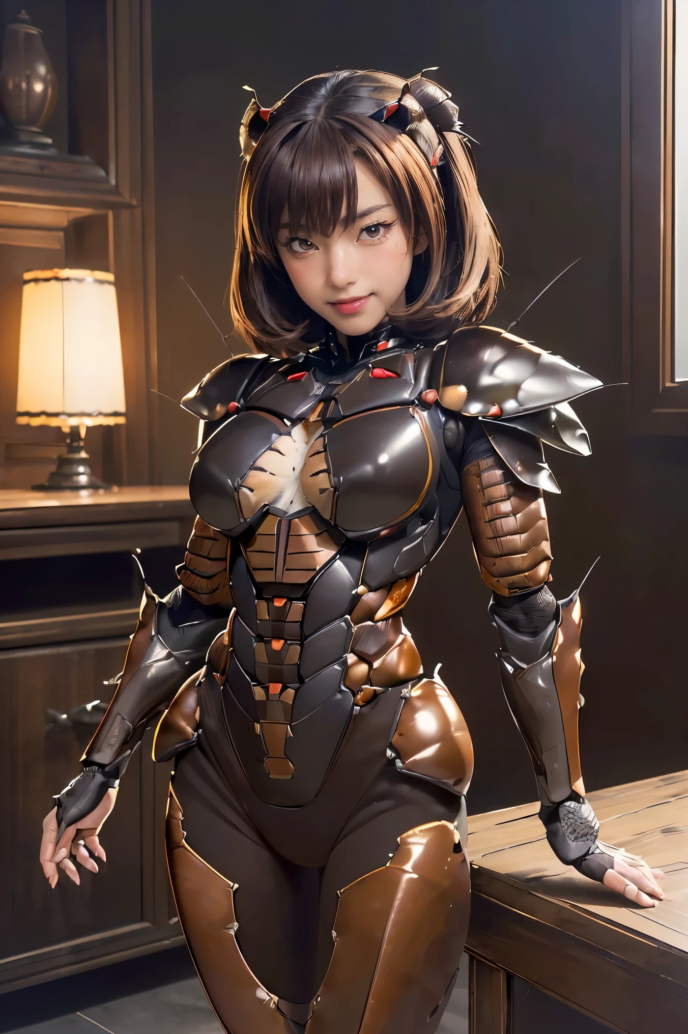 (high resolution,masterpiece,best quality,extremely detailed CG, anime, official art:1.4), realistic, photo, amazing fine details, all intricate, gloss and shiny,awesome many layers, 8k wall paper, 3d, sketch, kawaii, illustration,( solo:1.4), perfect female proportion,villainess, (fusion of dark brown cockroach and lady:1.4), (brown cockroach form lady:1.2), (brown cockroach lady:1.2), (fusion:1.2), (solo:1.4), (evil smile:1.2), muscular, abs, (cockroach brown exoskeleton bio insect suit:1.4), (cockroach brown exoskeleton bio insect armor:1.2), (brown transparency cockroach wing:1.4), (brown cockroach antennae:1.3),