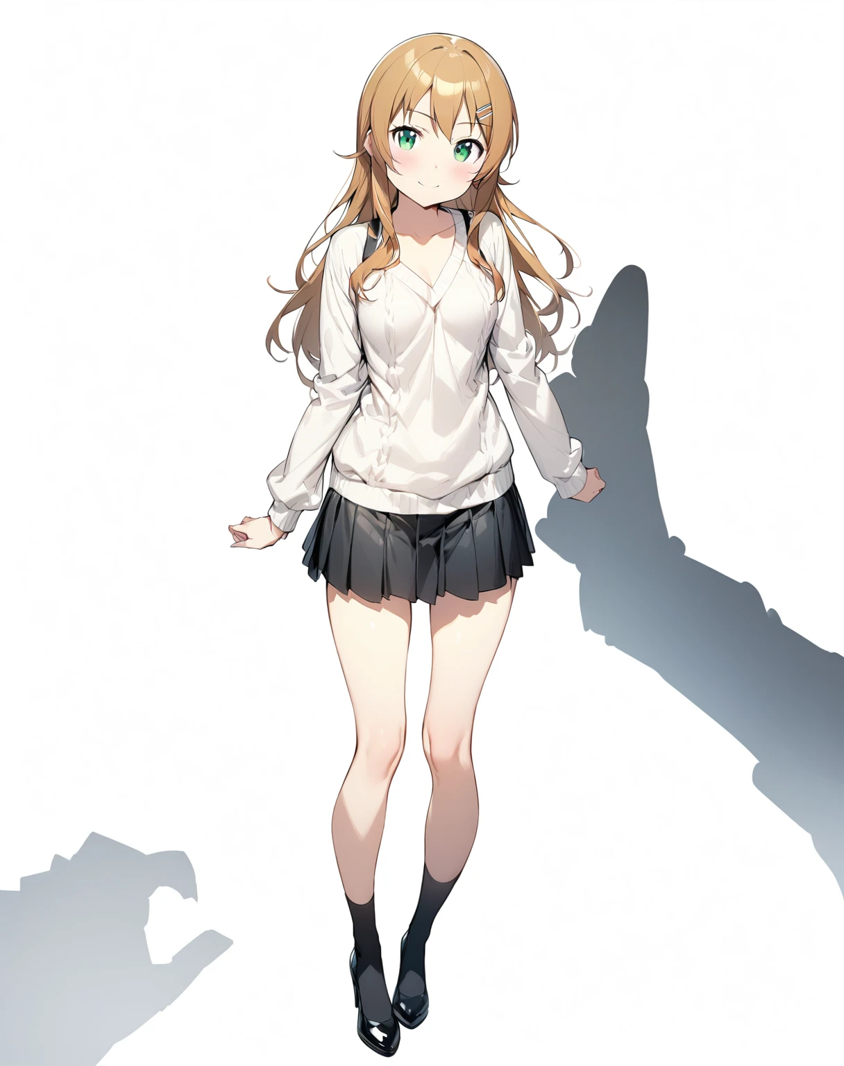 One girl、White Space、Space of nothingness、
(masterpiece)、(super high quality)、(Ultra-high resolution)、(Ultra-detailed)、(Intricate details)、4K、8k、
(High Contrast:1)、

(Head to Toe:1.5、full body view:1.5)、At the center:1.5、

(Kirino Takasaka)、
round face、(Brighten your face:0.3)、(so beautiful:0.9)、(Very cute:0.9)、
(Long straight blonde hair)、Long Hair、bangs、(Hair Clip)、
(Detailed face:0.7)、(smile:1.0)、(High nose:0.3)、
Beautiful breasts、Round Breasts、
Five perfect fingers、Big green eyes、
Delicate and smooth skin、Beautiful Skin、Textured skin、

Pink V-neck sweater、Layered black ruffle mini skirt、
Black knee-high socks、pumps、
Open chest、

looking at viewer, 

(Slender Body)、
Small Breasts, 
Lofty Height, 

(solo focus:1.0), (Standing:1.0), 
(from the front), 
(White background:1.5), 

White Spaceがテーマ、（Front lighting）、