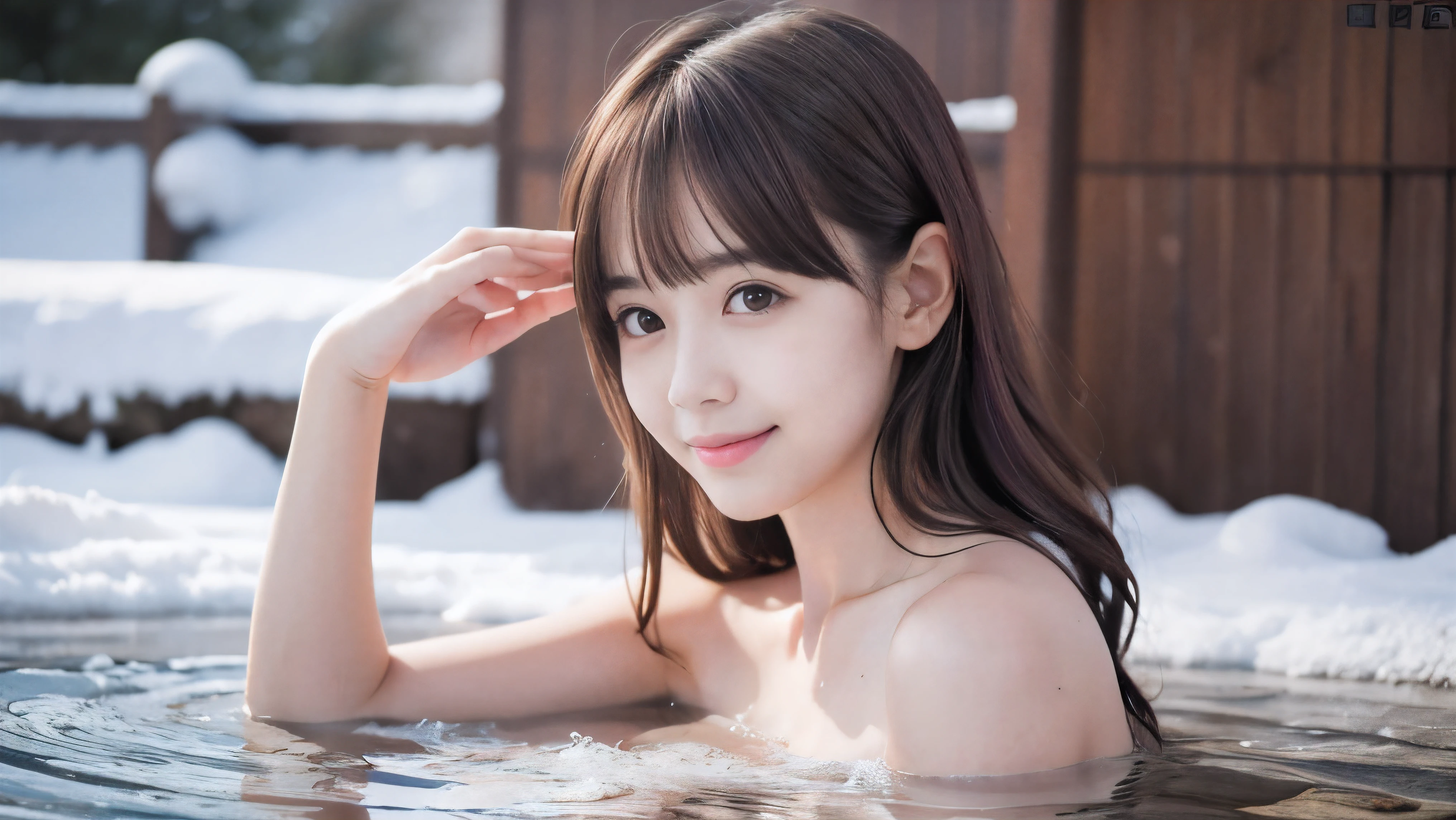 (Profile shot of a naked slender very small flat chest  red brown wavy long hair with dull bangs girl:1.5)、(Naked girl is soaking in a deep steam mist Japanese onsen outdoors with a shy smile:1.5)、(Outdoor Japanese onsen with snow landscape:1.5)、(blurred background:1.5)、(Natural light:1.5)、(8k ultra detailed master piece:1.5)、(perfect anatomy:1.5)、(Photorealistic stick:1.5)、(Raw photo:1.3)、(highest quality:1.5)、(High resolution:1.3)、(Delicate and beautiful perfect face:1.3)、(Delicate and beautiful eye air skin:1.3)、(Real Human Skin:1.3)、((thin legs))