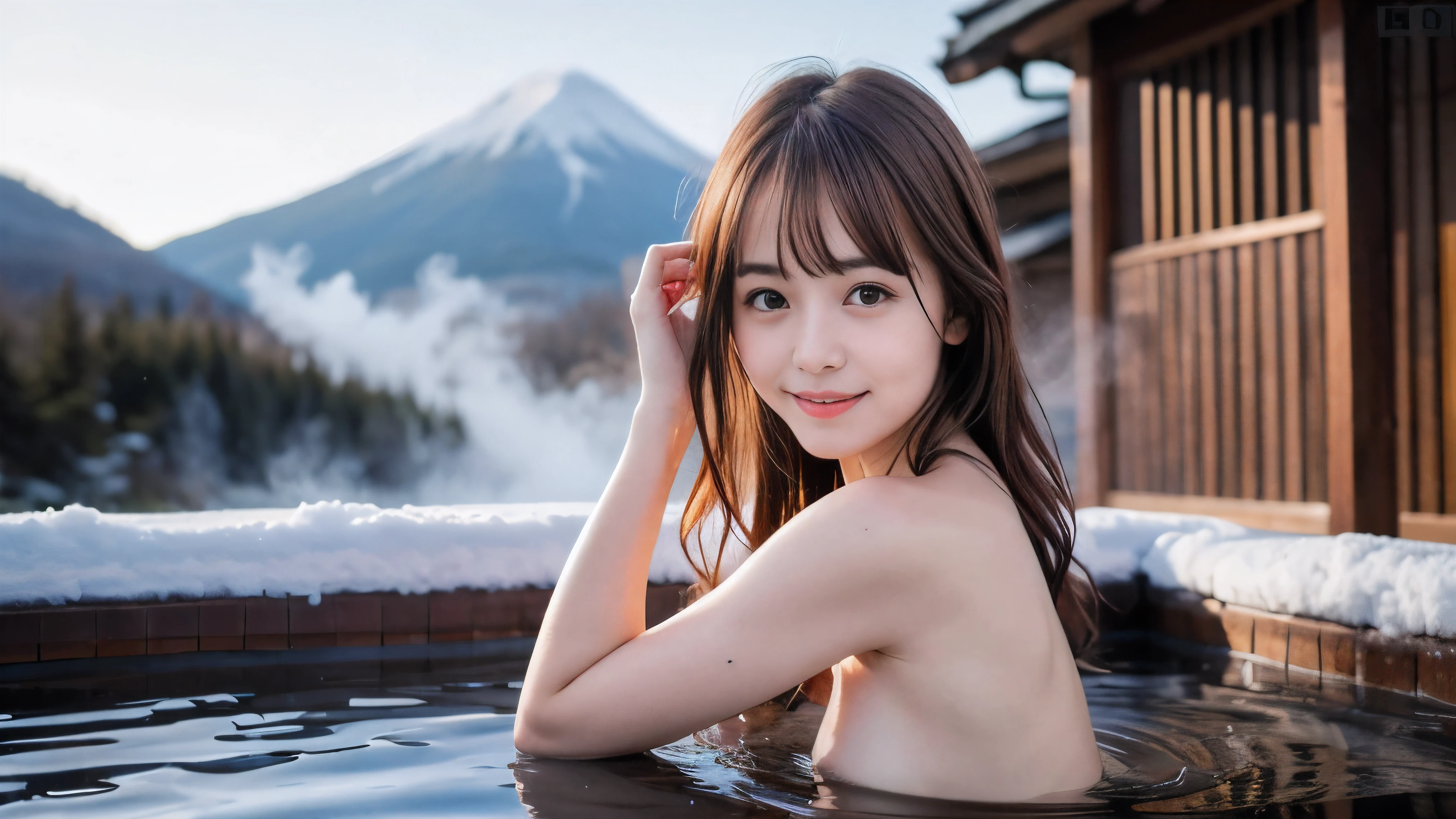 (Profile shot of a naked slender very small flat chest  red brown wavy long hair with dull bangs girl:1.5)、(Naked girl is soaking in a deep steam mist Japanese onsen outdoors with a shy smile:1.5)、(Outdoor Japanese onsen with snow landscape:1.5)、(blurred background:1.5)、(Natural light:1.5)、(8k ultra detailed master piece:1.5)、(perfect anatomy:1.5)、(Photorealistic stick:1.5)、(Raw photo:1.3)、(highest quality:1.5)、(High resolution:1.3)、(Delicate and beautiful perfect face:1.3)、(Delicate and beautiful eye air skin:1.3)、(Real Human Skin:1.3)、((thin legs))