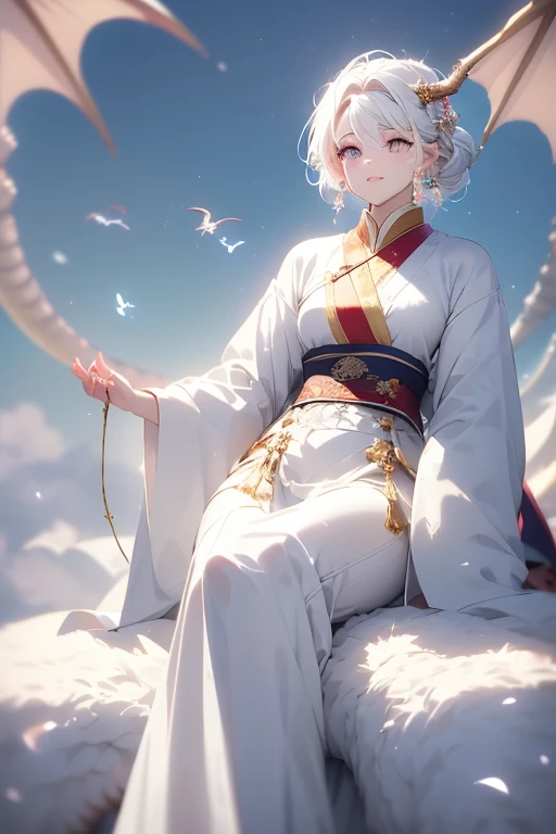 Super beautiful shining eyes、（tmasterpiece，hightquality，best qualtiy，offcial art，Beauty and aesthetics：1.2），epic cinematic，ultra - detailed，hyper realisitc， (1girl in:1.5),(full body Esbian:1.2),(Girl sits on a dragon:1.5),(1dragon：1.5），white hanfu，（White Dragon：1.1），dynamicposes，looking at viewert，（in a cloud：1.4），（Thick cloud cover：1.1），White clouds around，Auspicious clouds，Attractive coloring，theatrical lighting，Rim Lights，（Depth of field of view：1.2）